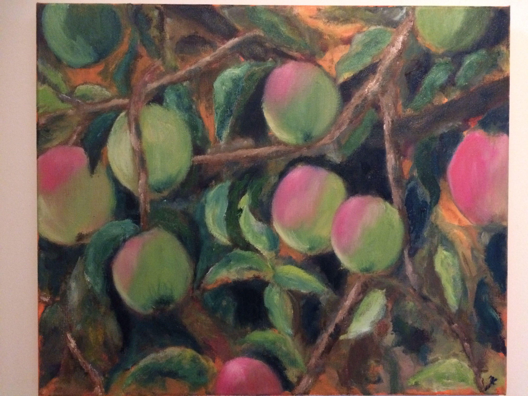 Groene appels. 50x60cm olie op linnen.   