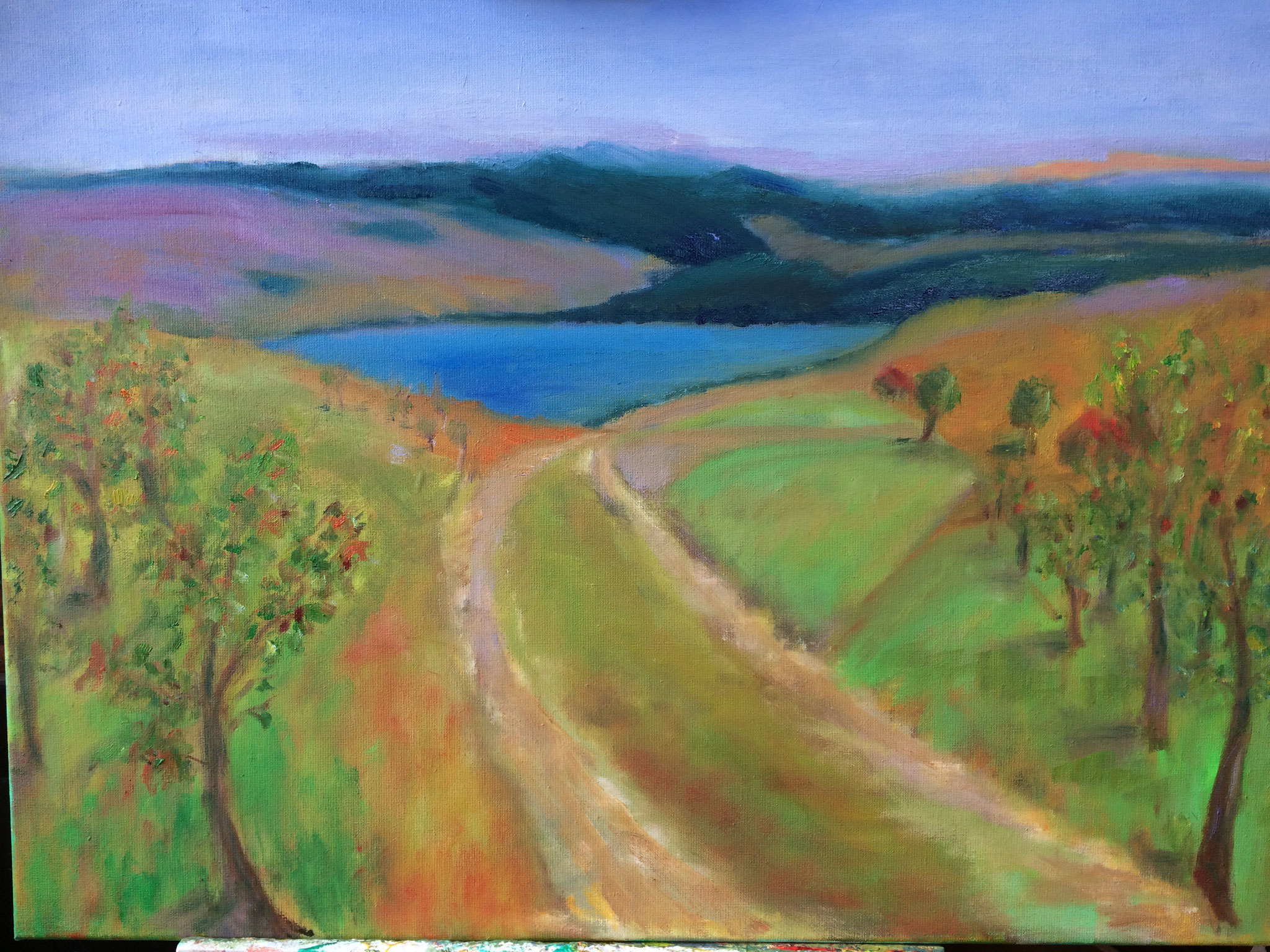Landschap met meer. 60x80cm.olie op doek. 