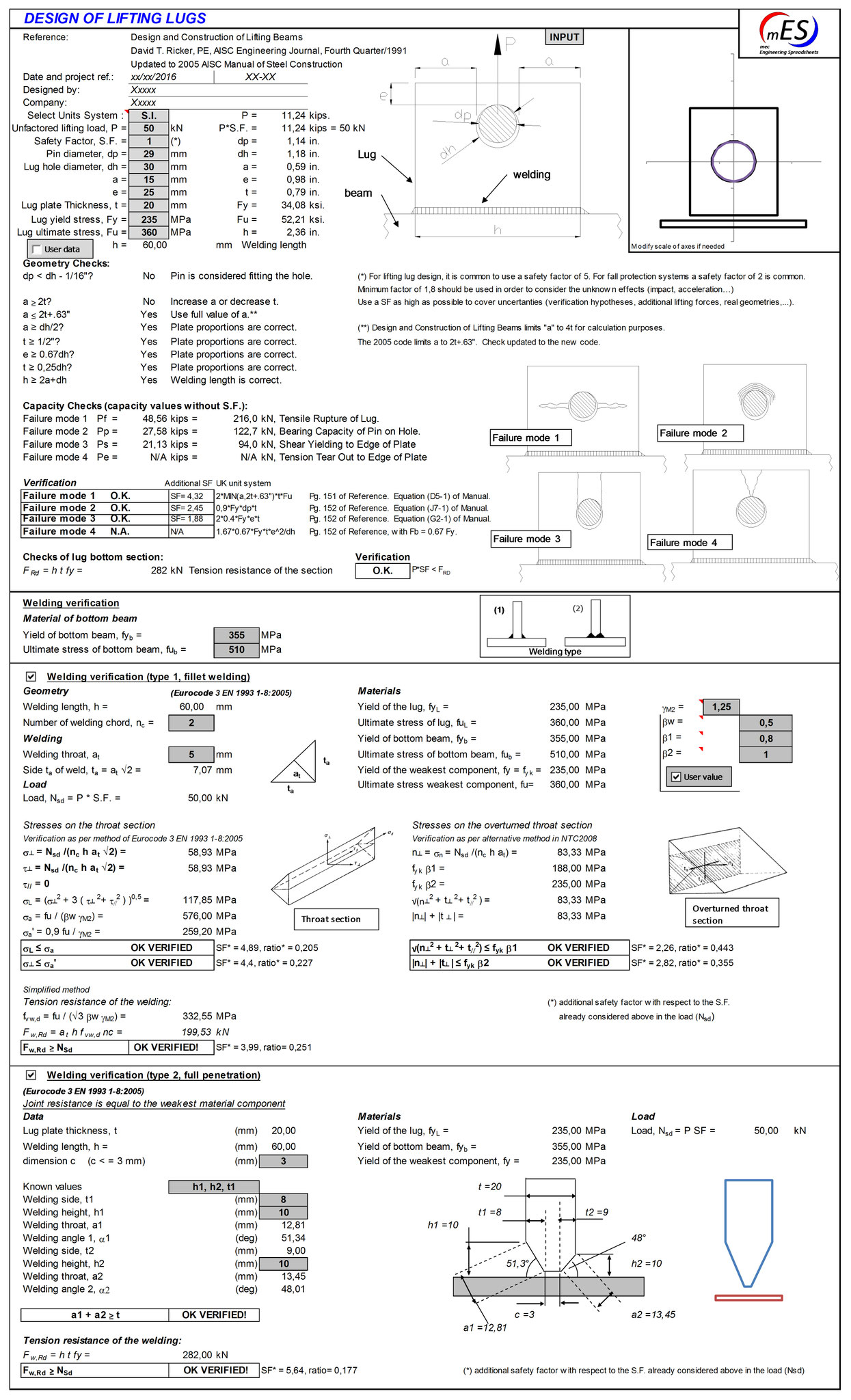 Design and verification of lifting lugs mec Engineering Spreadsheets
