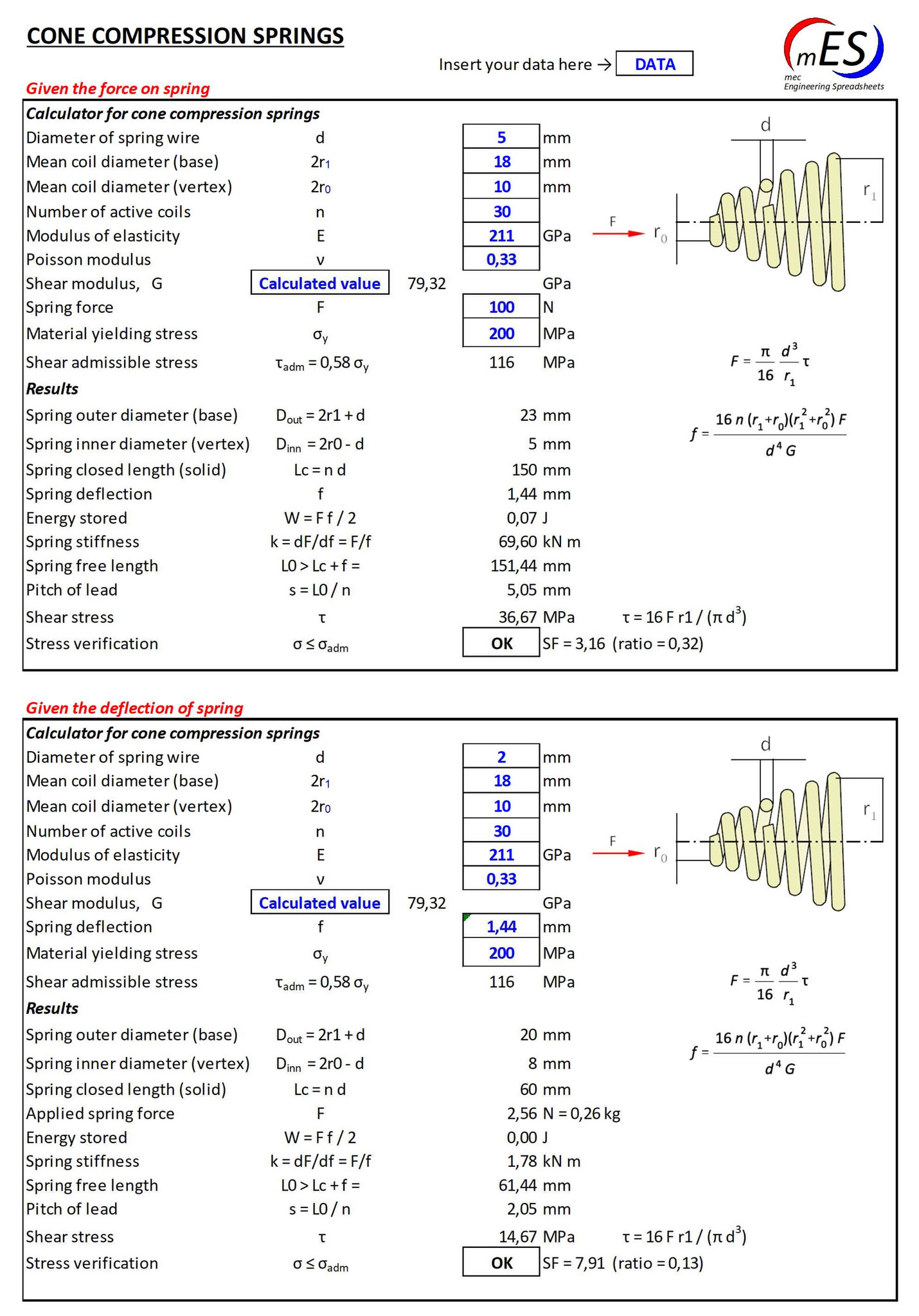 Springs calculator mec Engineering Spreadsheets