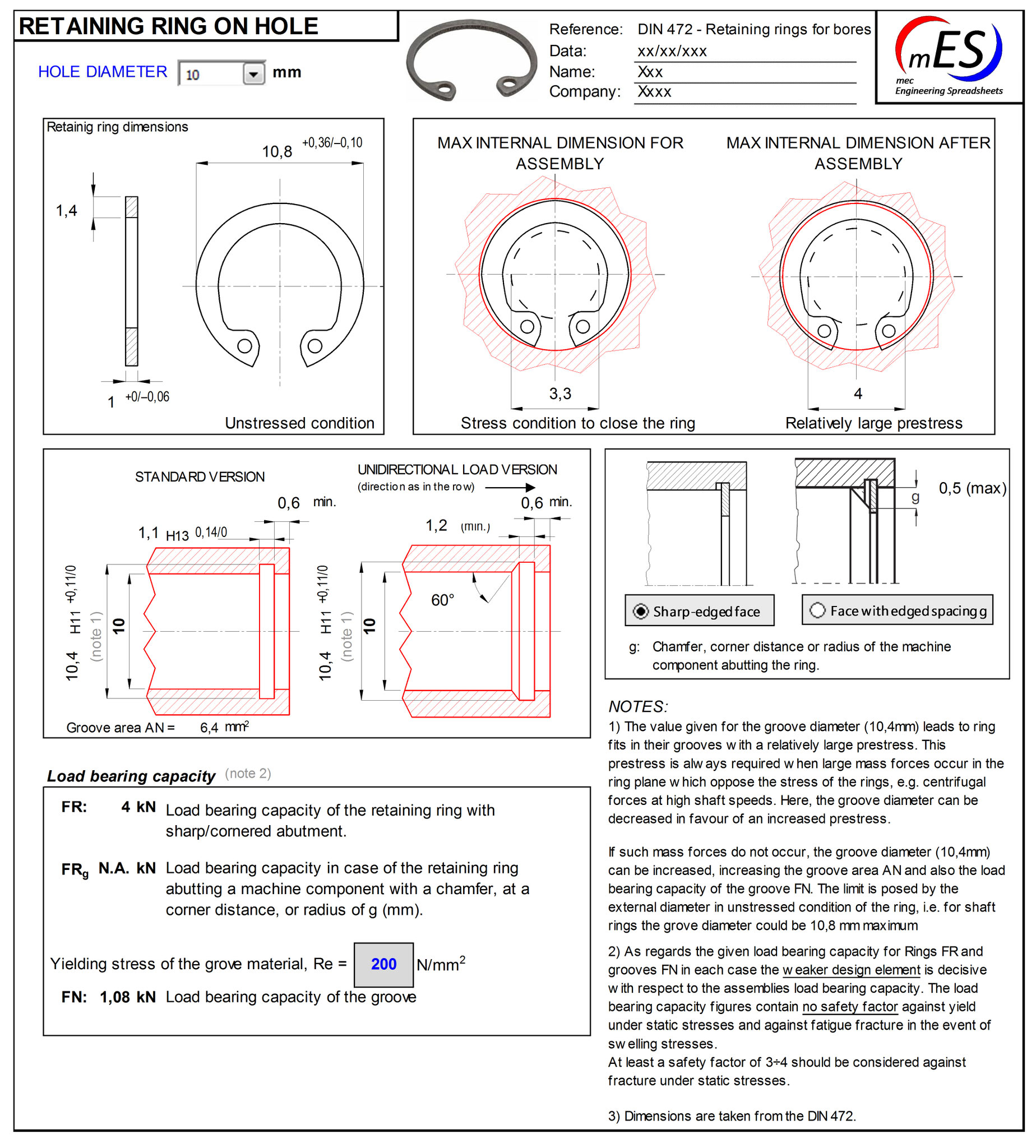 Retaining rings for shafts and holes mec Engineering Spreadsheets