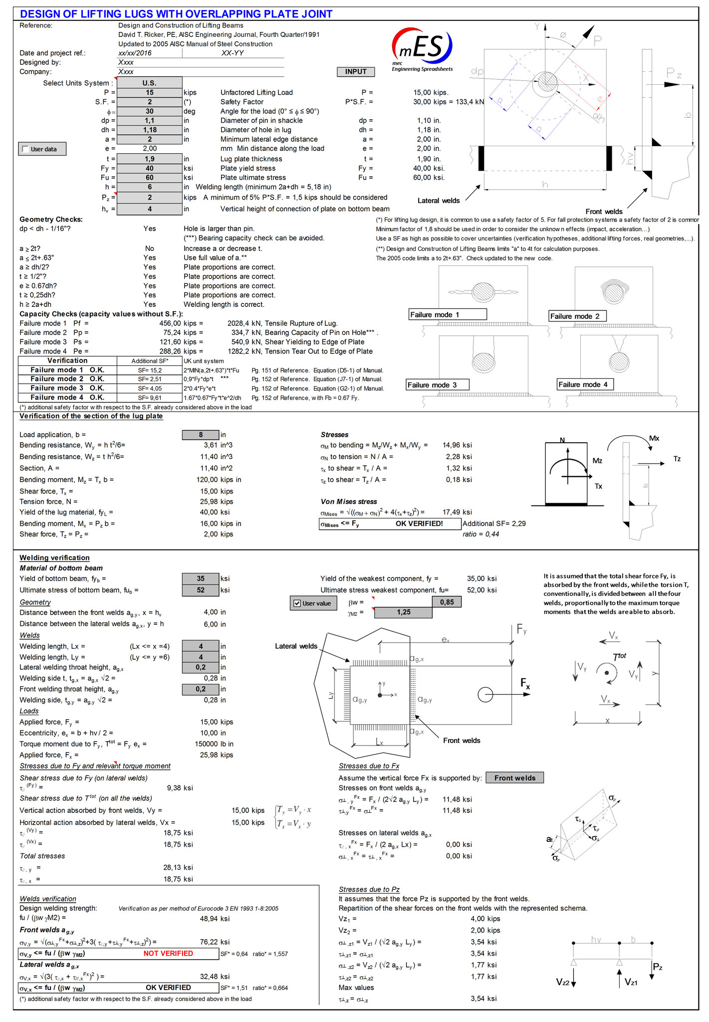 Design and verification of lifting lugs mec Engineering Spreadsheets