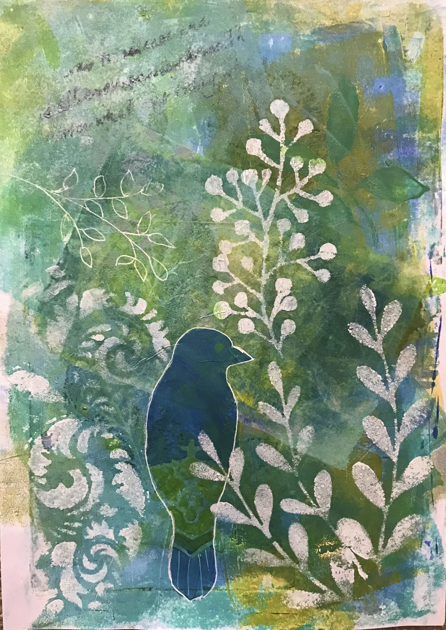 Blue Bird, Mixed Media with Collage