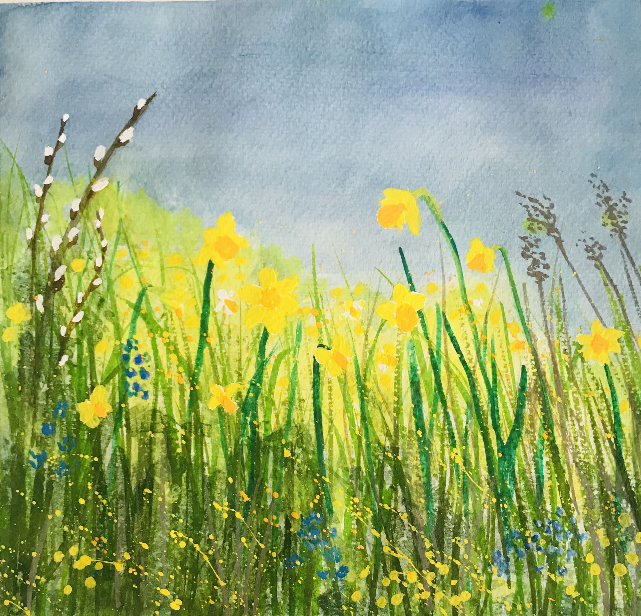 Daffodils & Pussy Willow, Pastel with Mixed Media