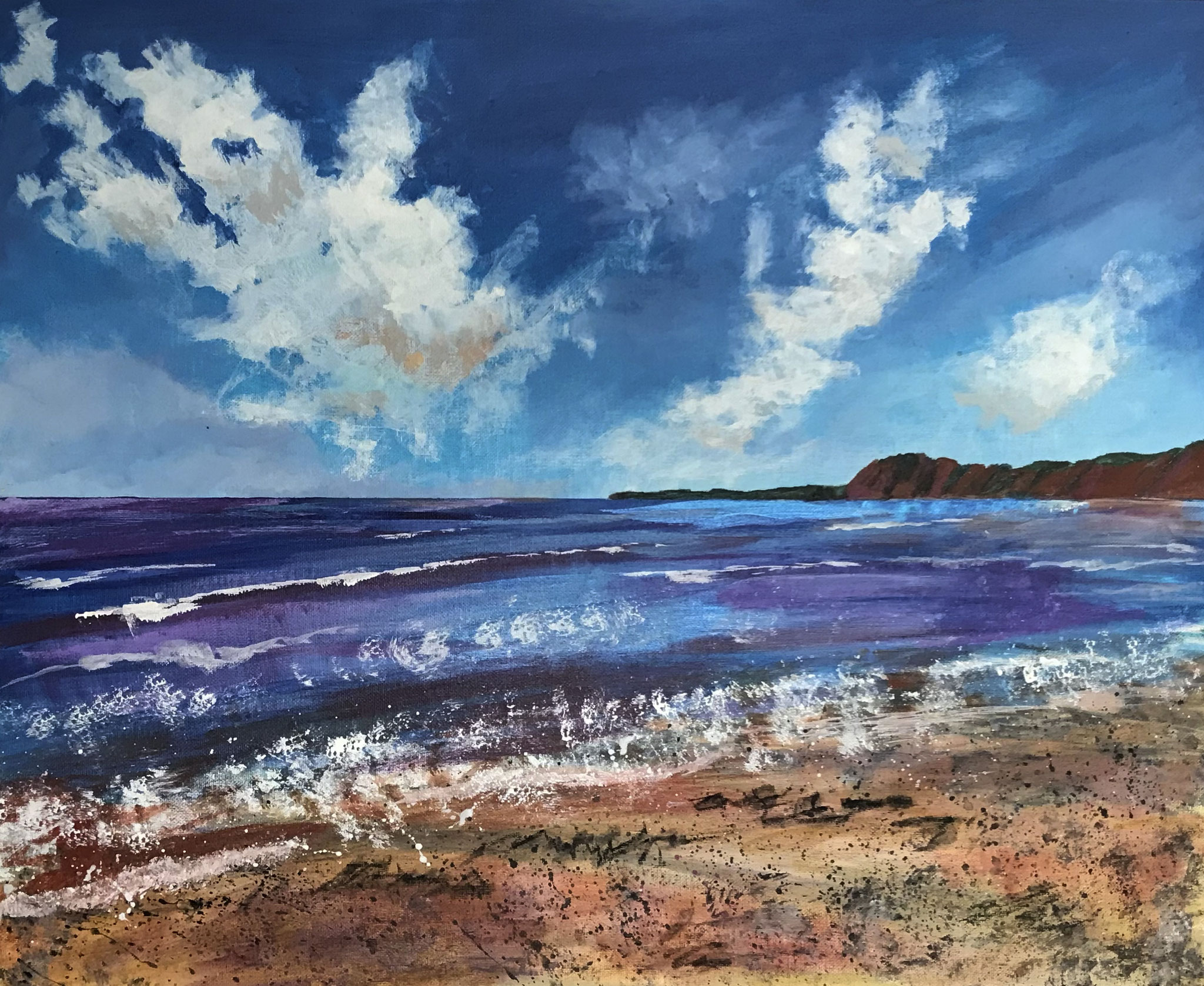 Sidmouth Beach Summer- mixed media on canvas in white frame
