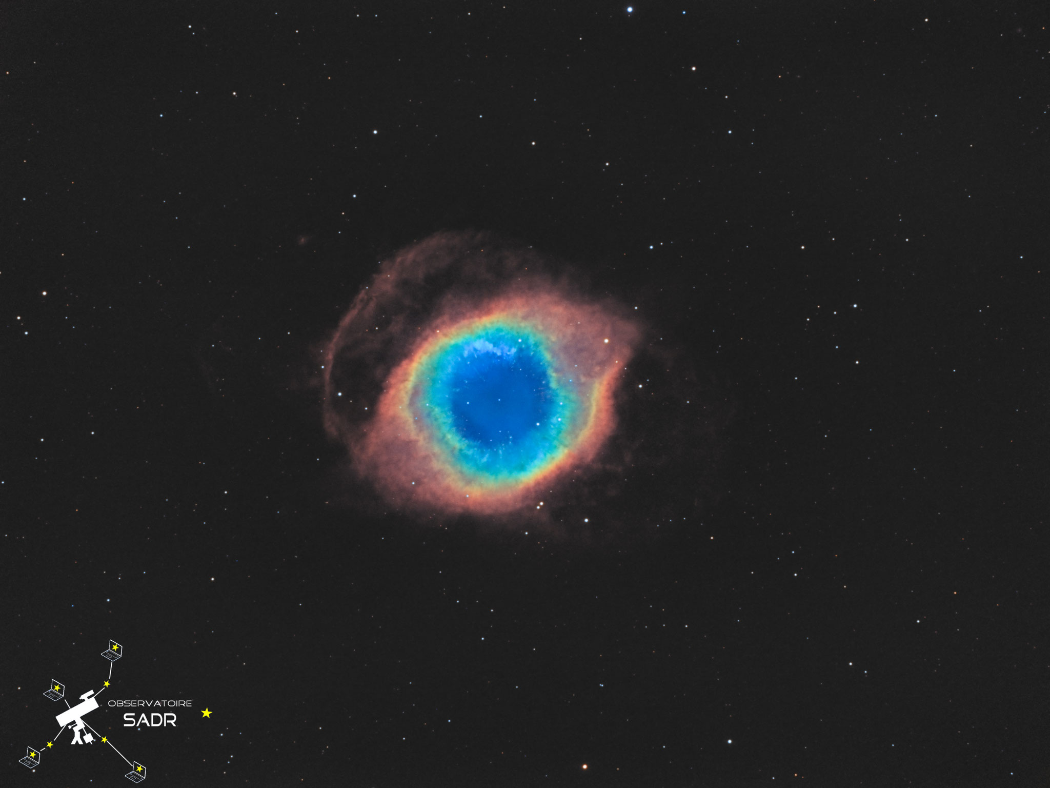 NGC7293, Hélix, lunette 120, 24h de poses en filtres SHO, Sadr Espagne
