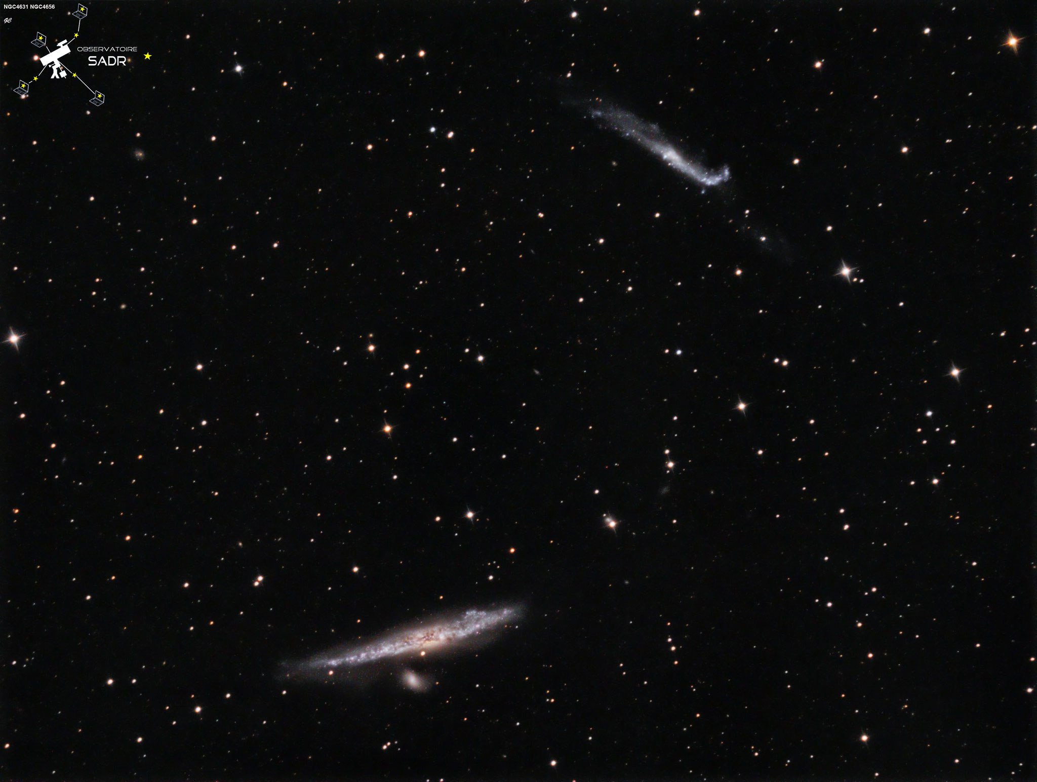 NGC4631 et NGC4656, Ha (7 x 10min), L(12 x 5min), RVB (7 x 2min), mai 2017, Gilles