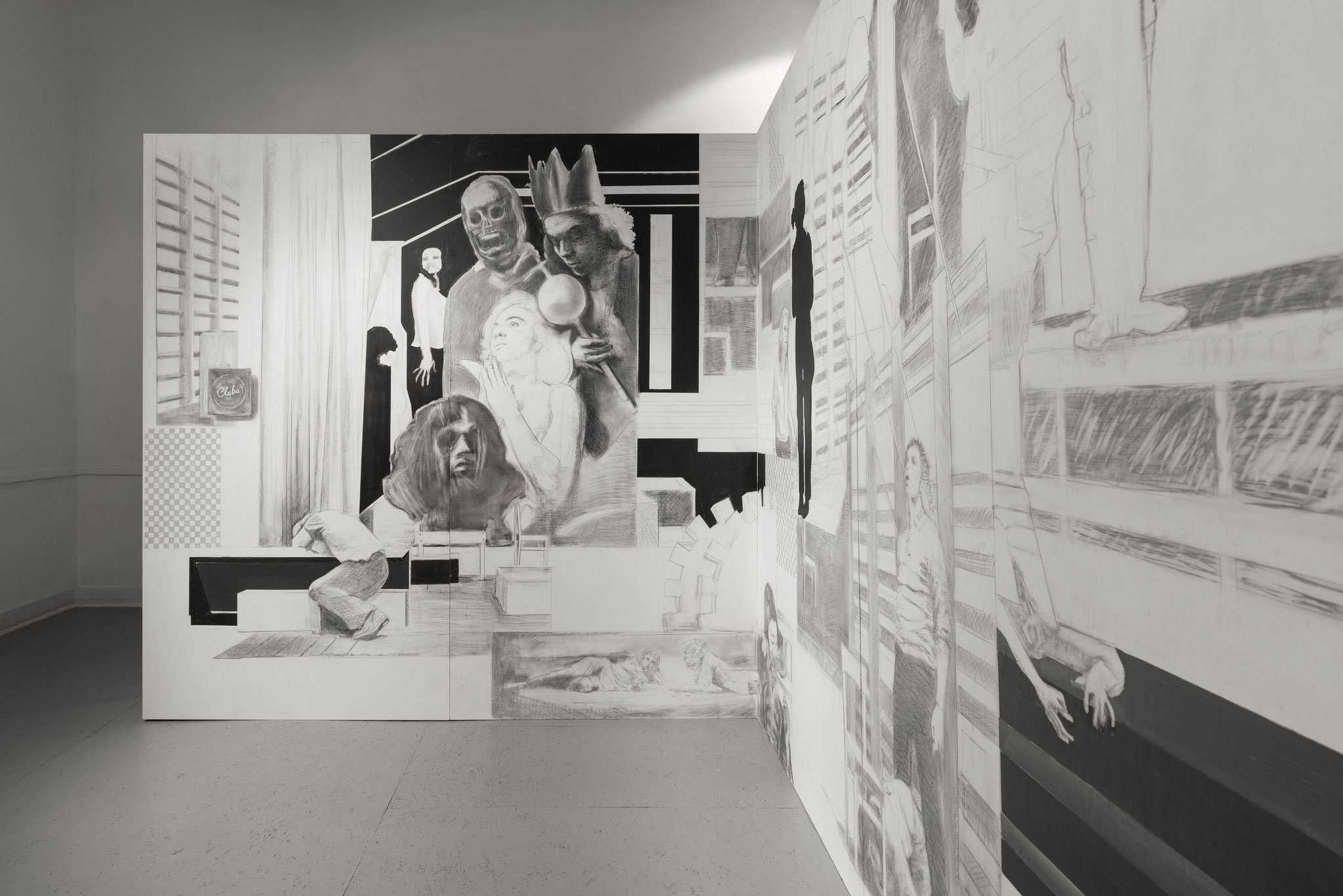 Stage-Struck, 2024, oil and graphite on plywood, 220 x 480 x 5 cm
