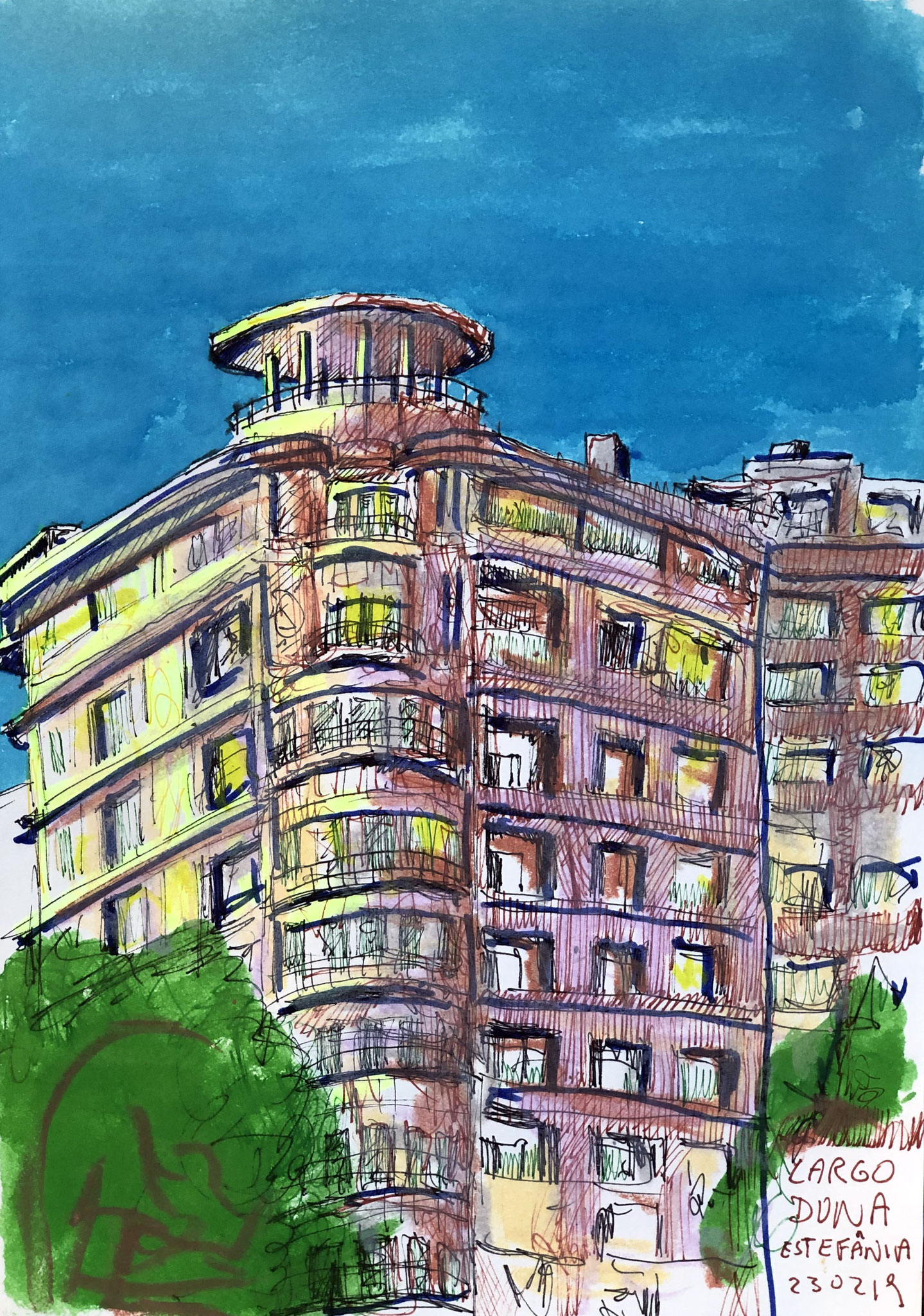 aus meinem Skizzenbuch: LISBOA, LARGO DONA ESTEFANIA     Mischtechnik auf Papier - 28 x 20cm 