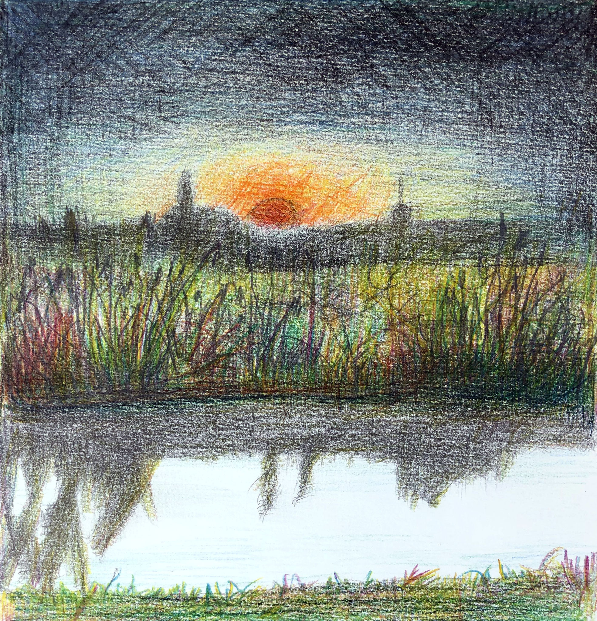 DELTA DEL PO, SONNENAUFGANG AM CANAL BIANCO        Buntstifte auf Papier - 15 x 20 cm