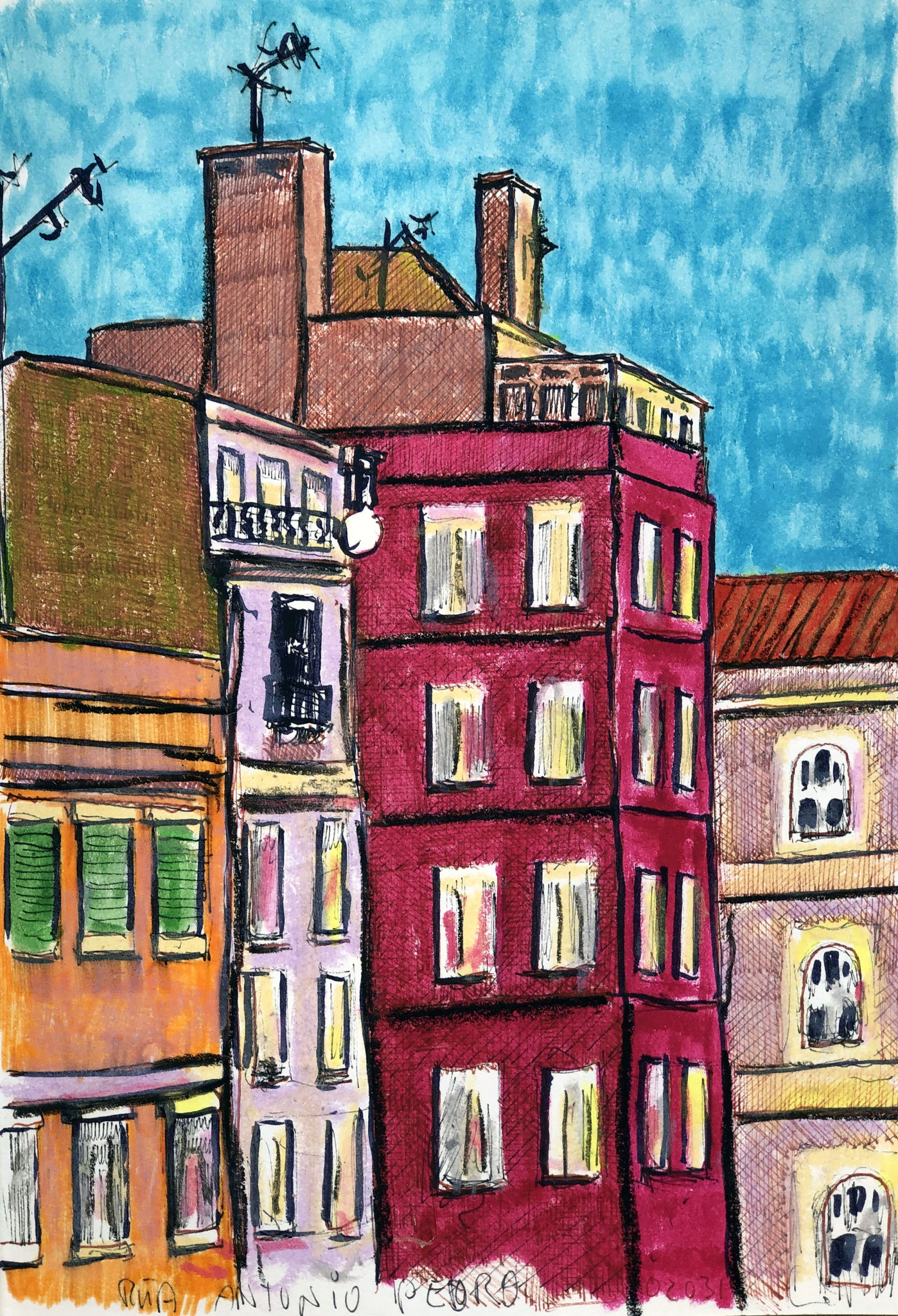 aus meinem Skizzenbuch: LISBOA, RUA ANTONIO PEDRO     Mischtechnik auf Papier - 28 x 20cm 