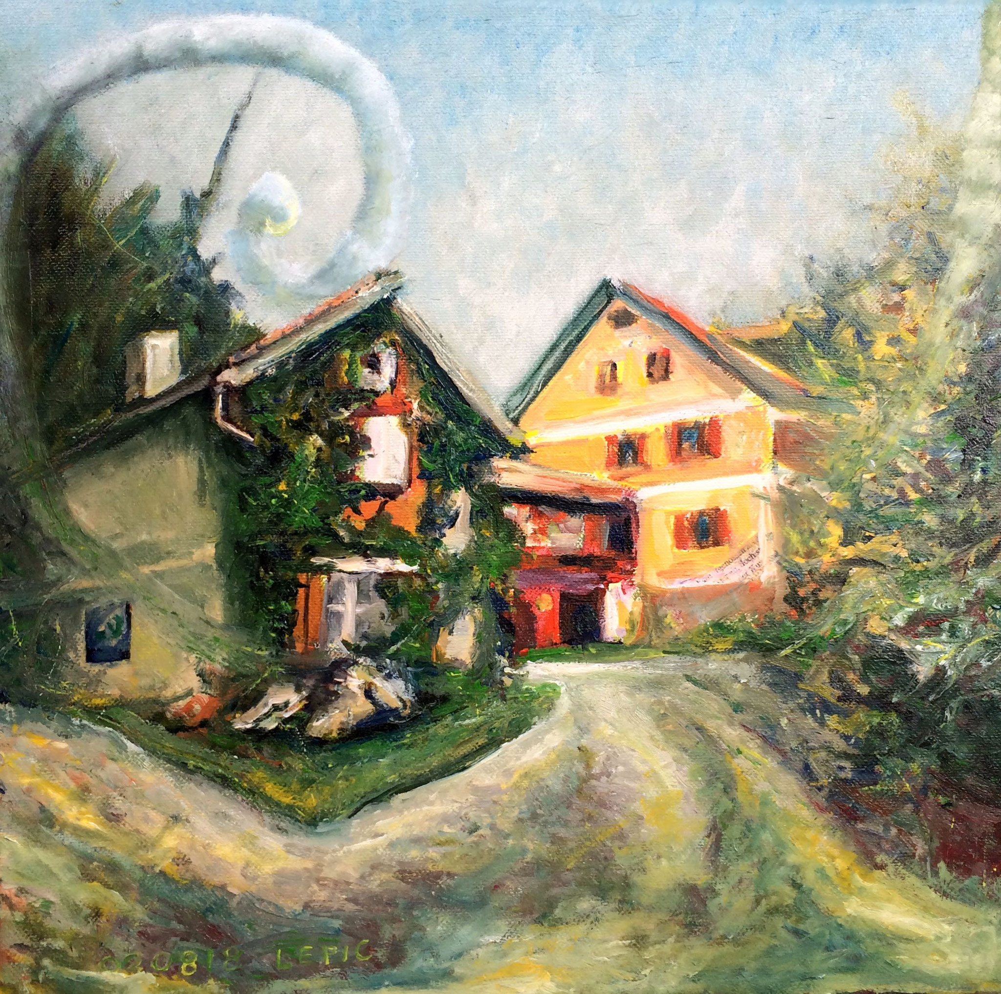 CHRISTOPH PROBSTS GEBURTSHAUS IN MURNAU    Mischtechnik auf Leinwand - 30 x 30 cm