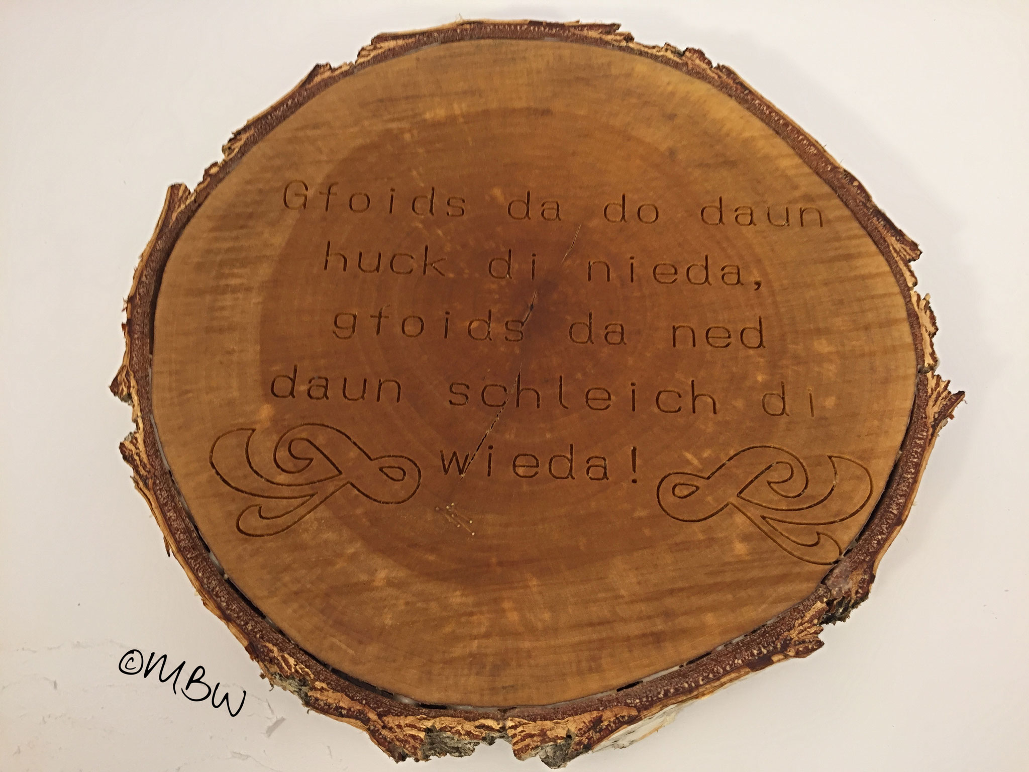 Schild "Gfoids da do" - Birkenbaumstammscheibe