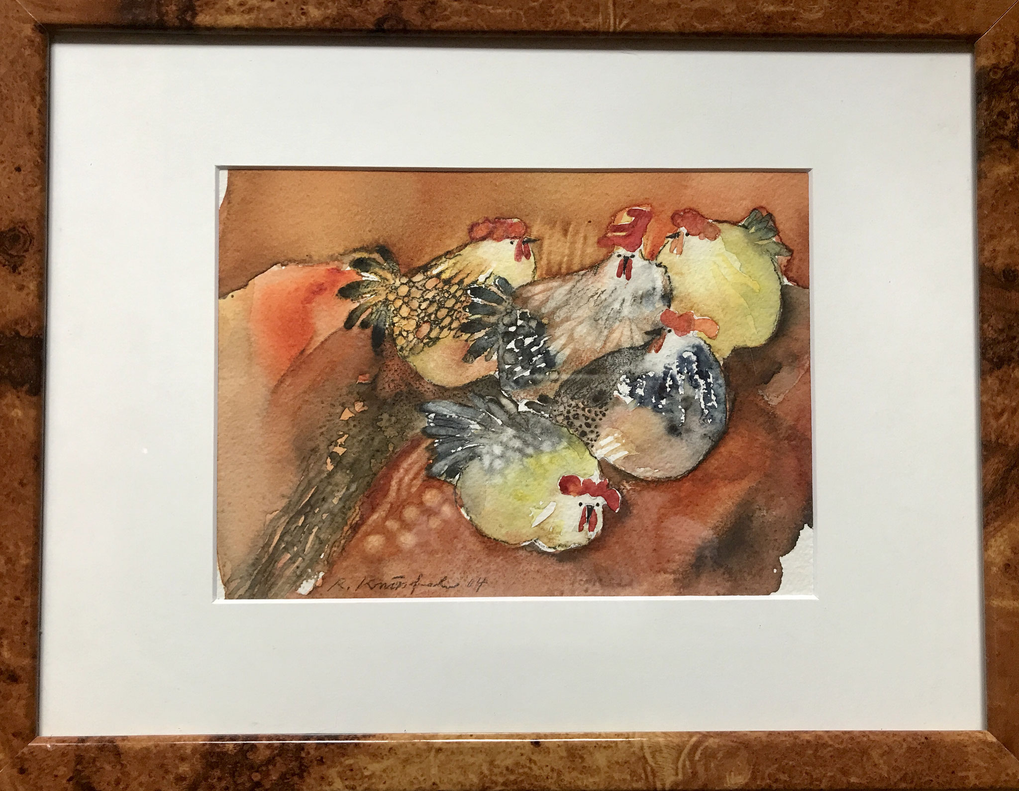 Hühner Aquarell, mit Rahmen 33x43