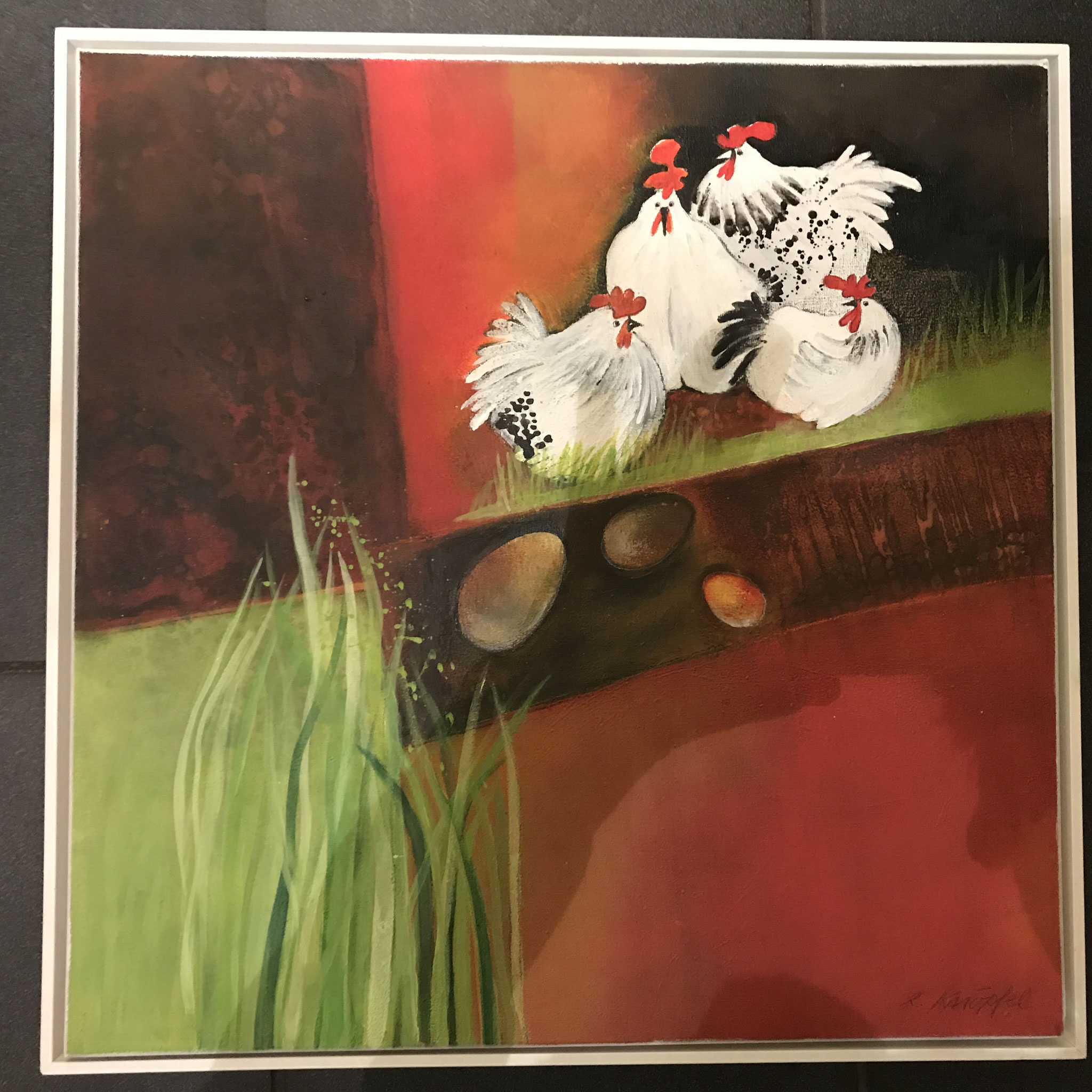 Hühner Acryl in Schattenfuge, 52x52