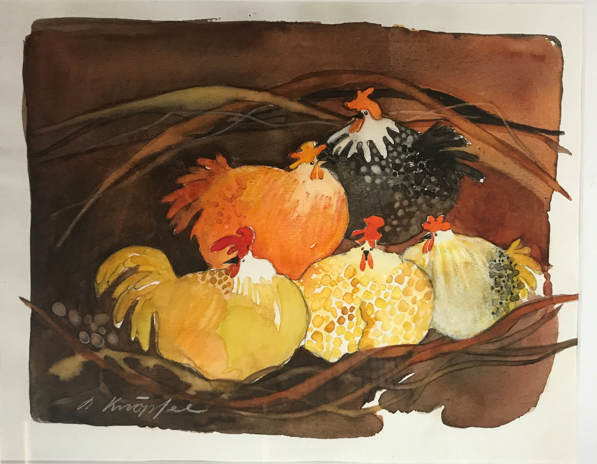 Hühner Aquarell, ca. 40x50 