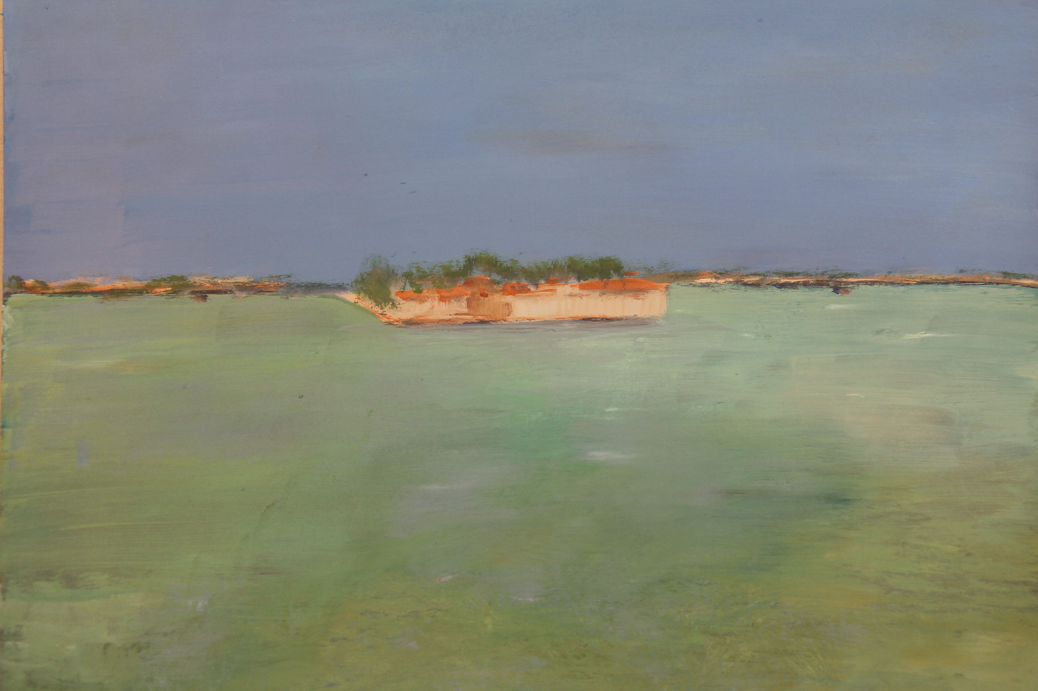 Blick zum Horizont der Lagune im Juli, Gouache auf Papier, 30x42, 2020