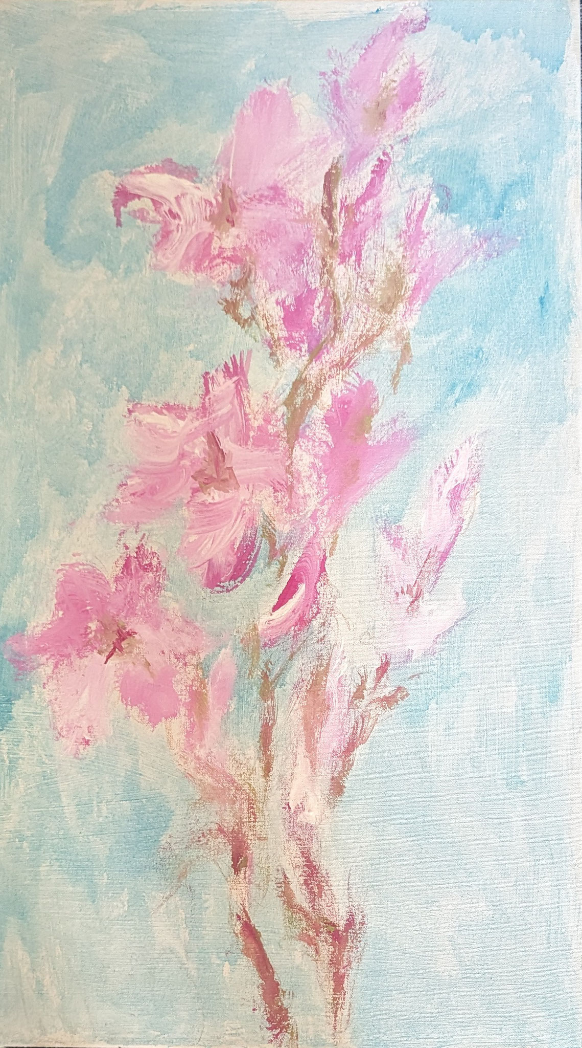 Magnolienzweig 2, Gouache auf Leinwand, 72x40 cm, 2024