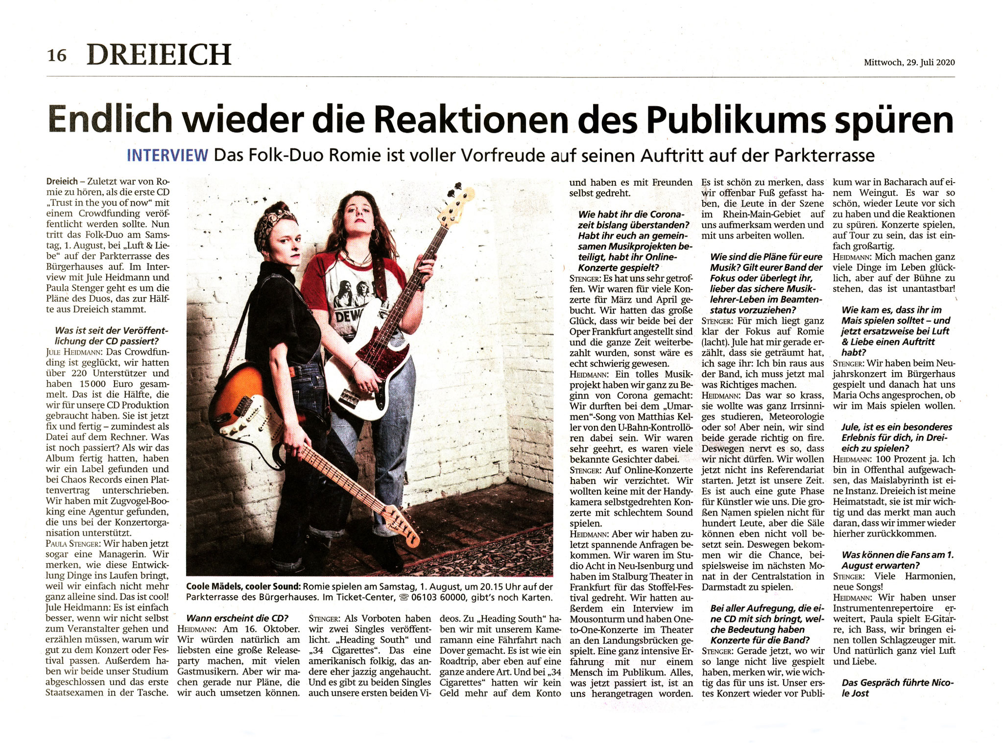 Artikel Offenbach Post, 29. Juli 2020
