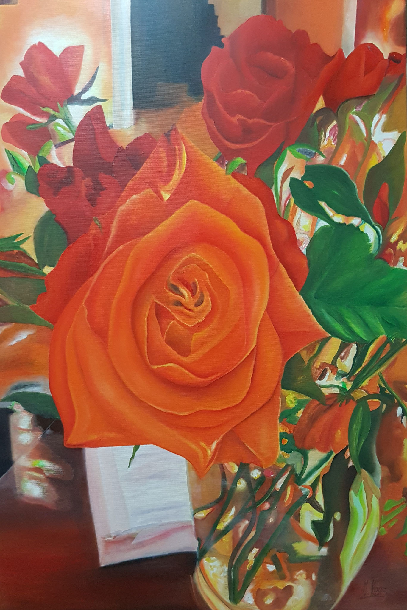 Inspired-Rosenbild-orange-rot-Stillleben-Blumenmalerei-Oelfarbe-auf-Leinwand-120x80cm-Malerei