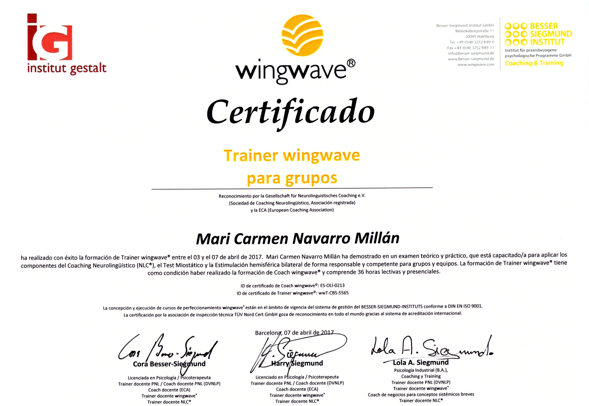 Certificación como Trainer Wingwave® para grupos, 1ª promoción en España