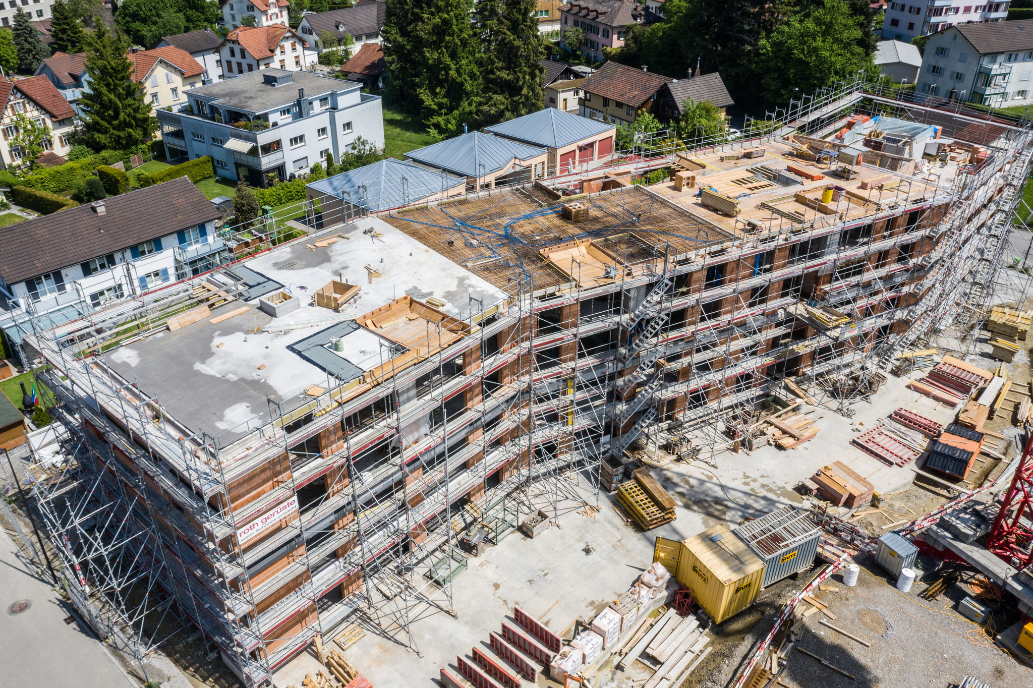 28. Mai 2019: Von oben sind die Etappen der verschiedenen Bauabschnitte des Gebäudes sehr gut zu erkennen.