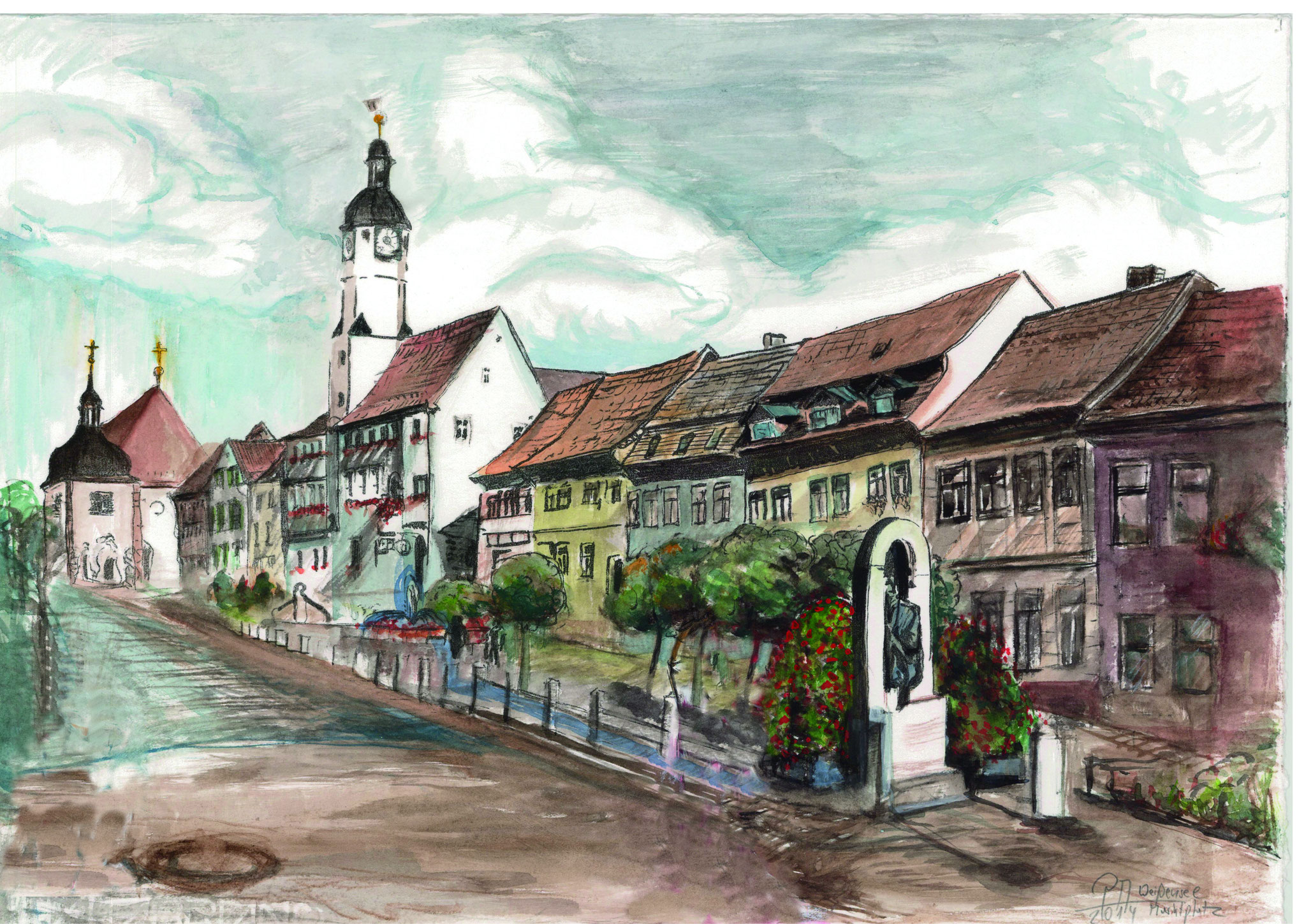 Weißensee in Thüringen, Marktplatz,Aquarell,2014