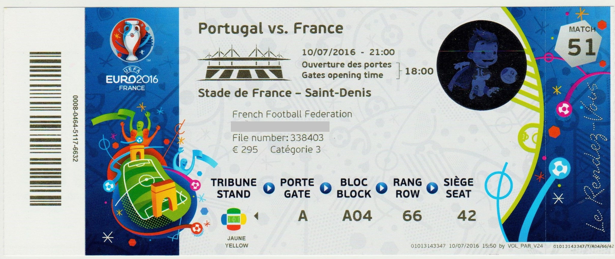11/07/2016 St Denis :  Finale  Portugal  1 - 0 (ap)  France  > Eder (Por) <