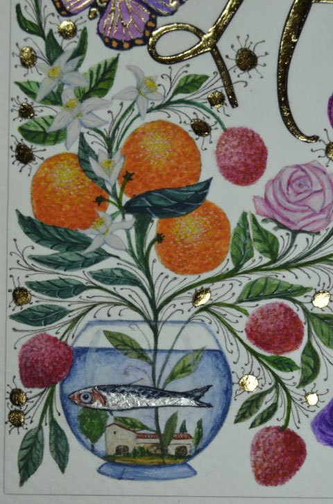 Enluminure création pour une étiquette de vin pour le domaine de l'Anchois réalisée par l'atelier sc-enluminure