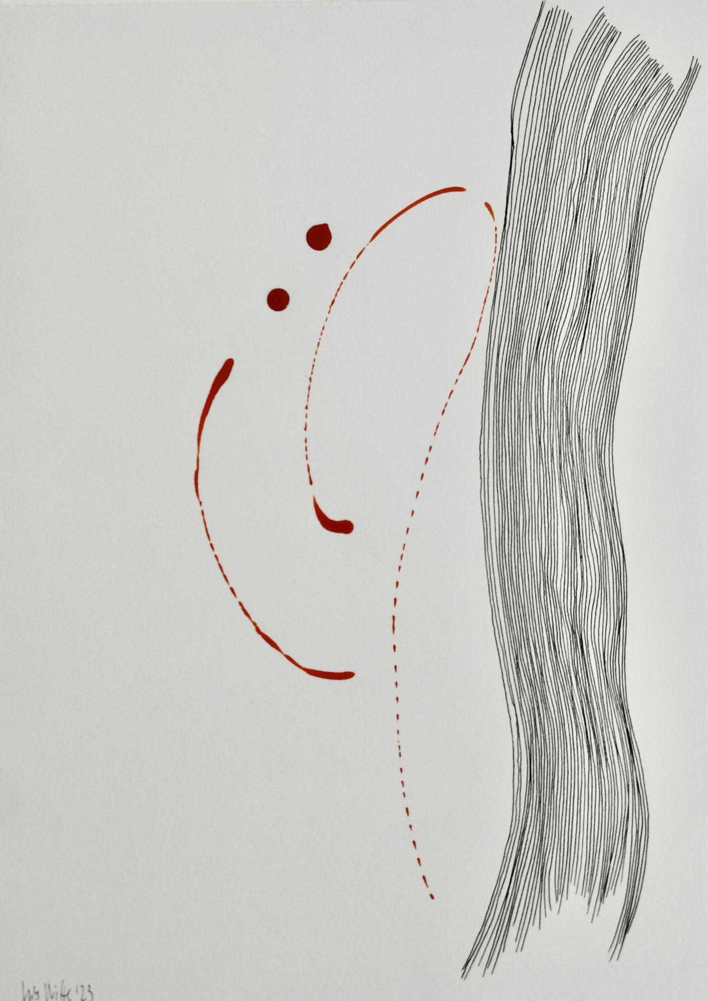 Angelehnt, 15x21cm, Federzeichnung Tusche, 2023