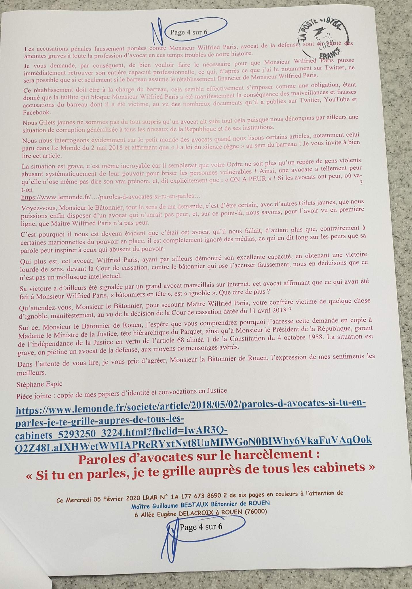 Accusé de Réception & Preuve de Dépôt Ma lettre recommandée du 05 Février 2020 N° 1A 177 673 8690 2 Page 4 sur 6 en couleurs www.jesuispatrick.fr