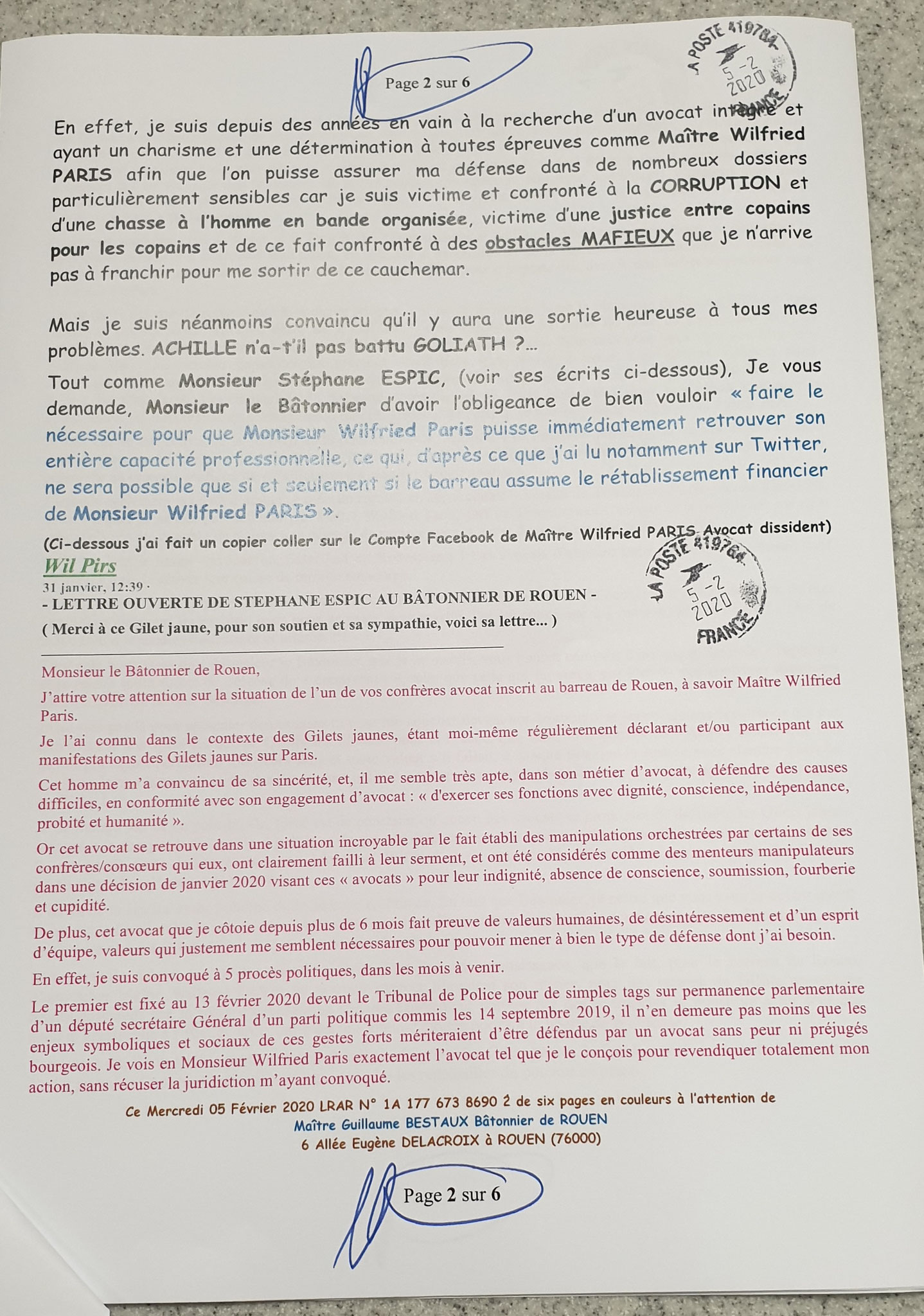 Accusé de Réception & Preuve de Dépôt Ma lettre recommandée du 05 Février 2020 N° 1A 177 673 8690 2 Page 2 sur 6 en couleurs www.jesuispatrick.fr