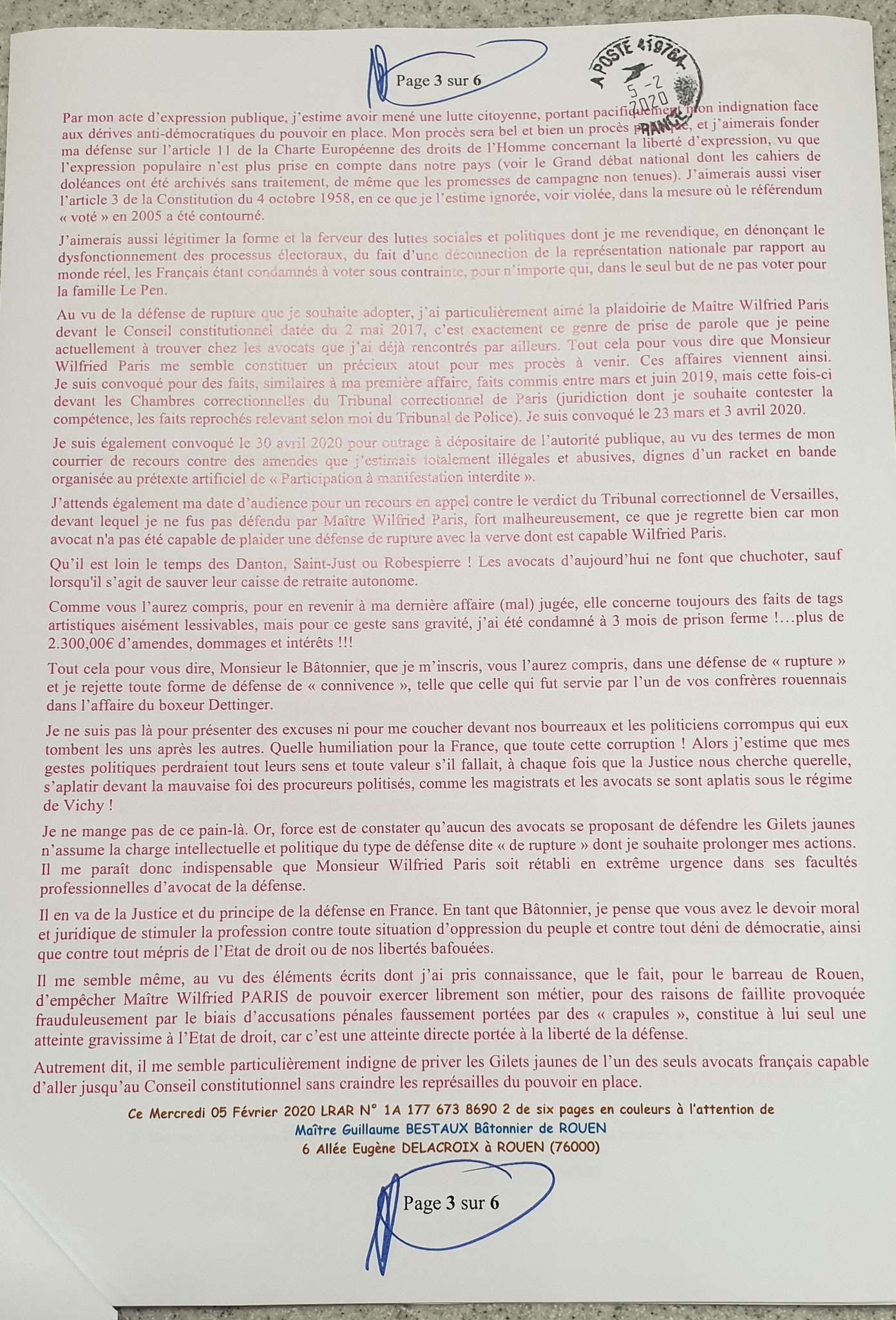 Ma lettre recommandée du 05 Février 2020 N° 1A 177 673 8690 2 Page 3 sur 6 en couleurs www.jesuispatrick.fr www.jesuisvictime.fr www.alerte-rouge-france.fr