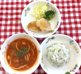 3/16  菜の花ご飯  ミネストローネ  鶏むね肉の照り焼き  ゆで野菜  ミニゼリー