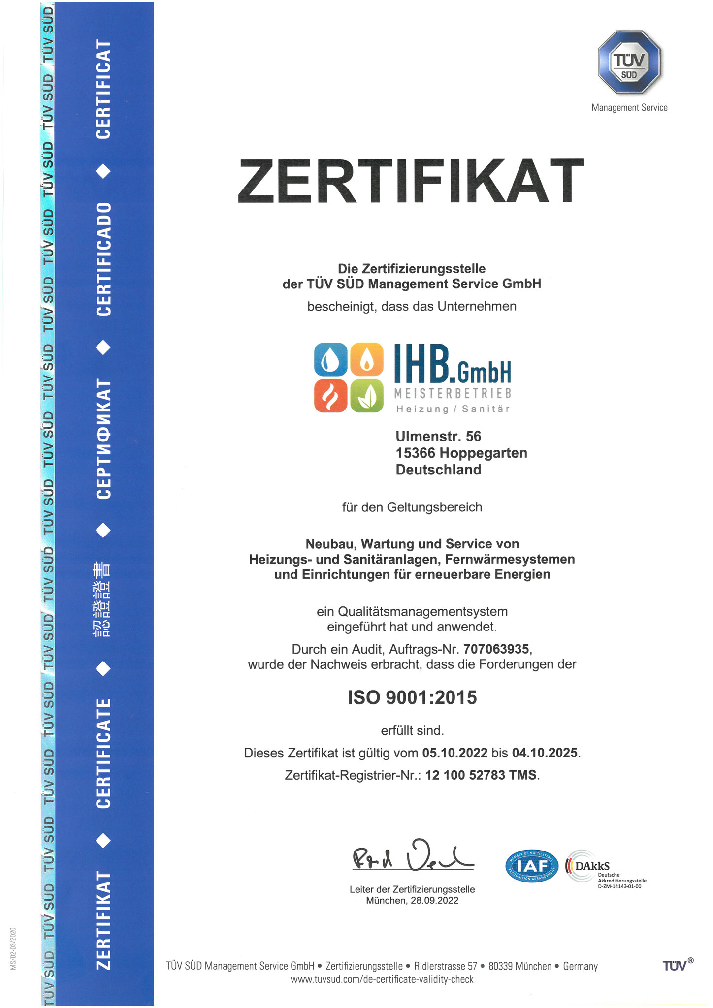 Zertifikat ISO 9001:2015 gültig bis 2025