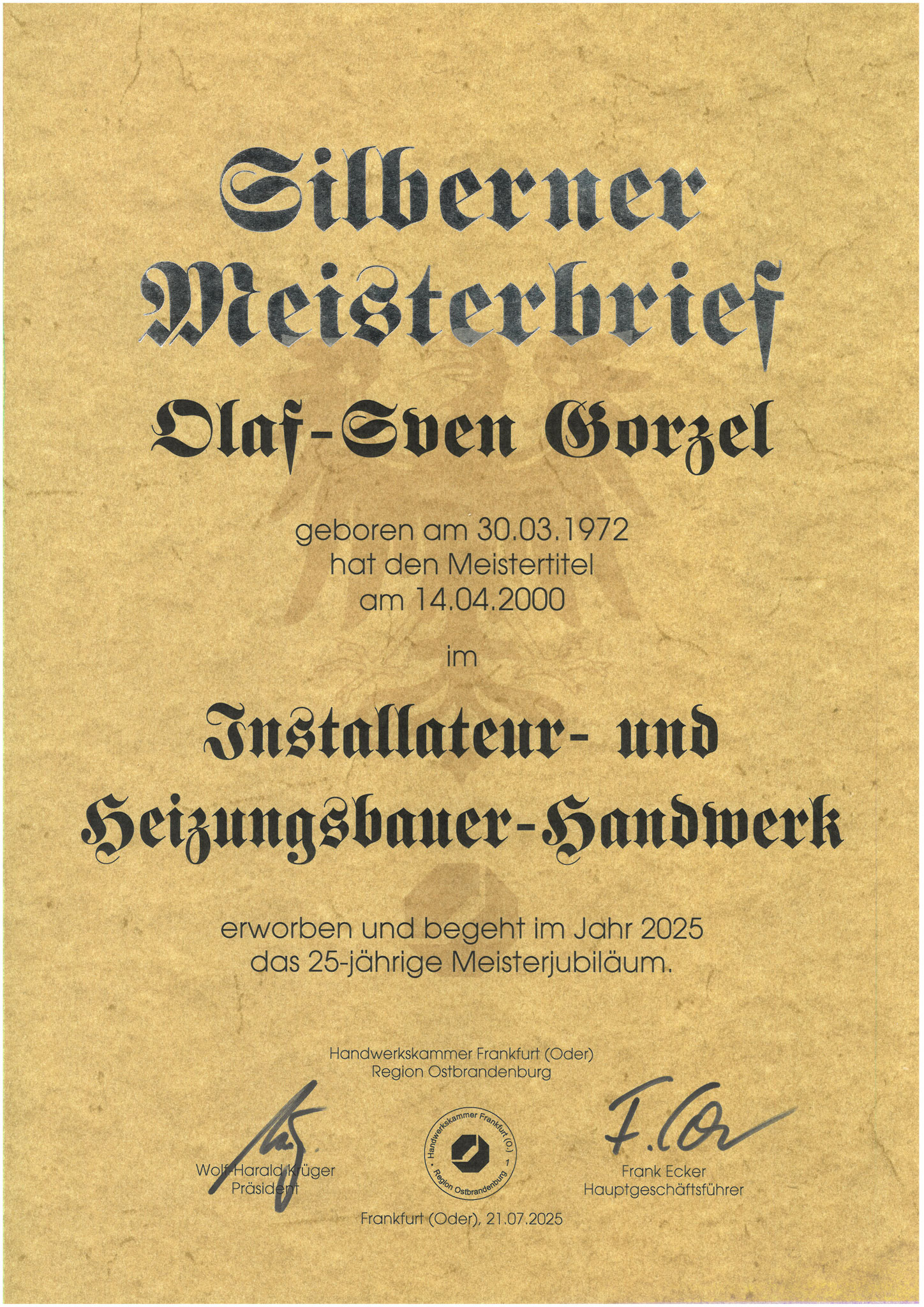 Silberner Meisterbrief GF