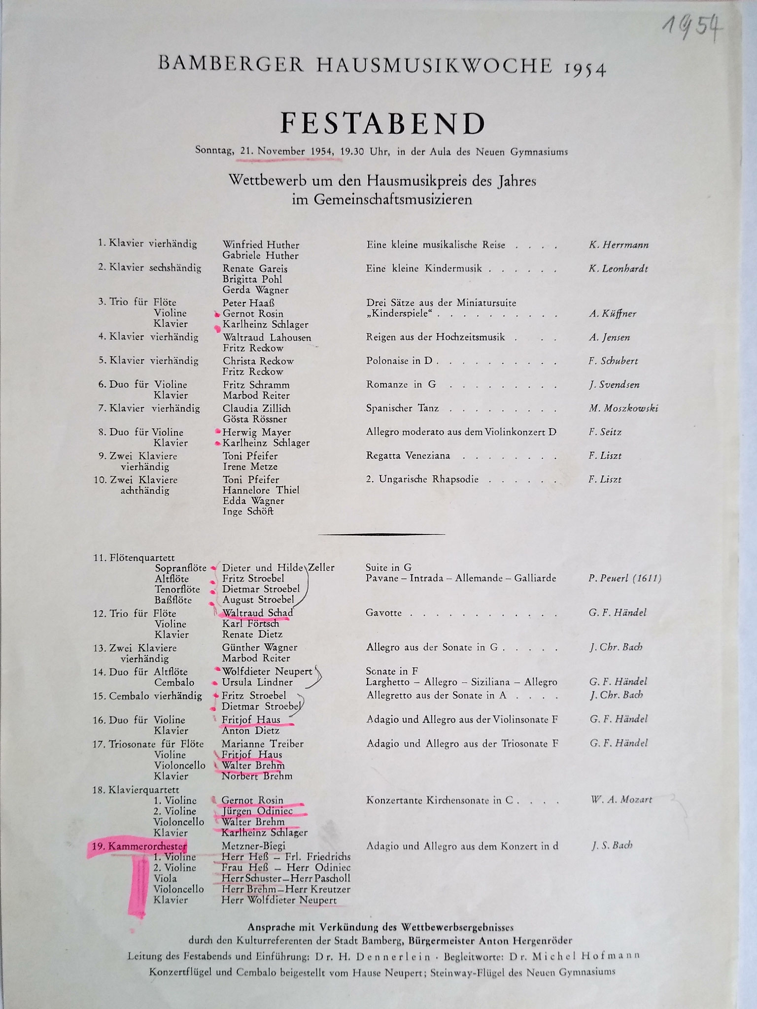 Festabend Bamberger Hausmusikwoche - 21. November 1954
