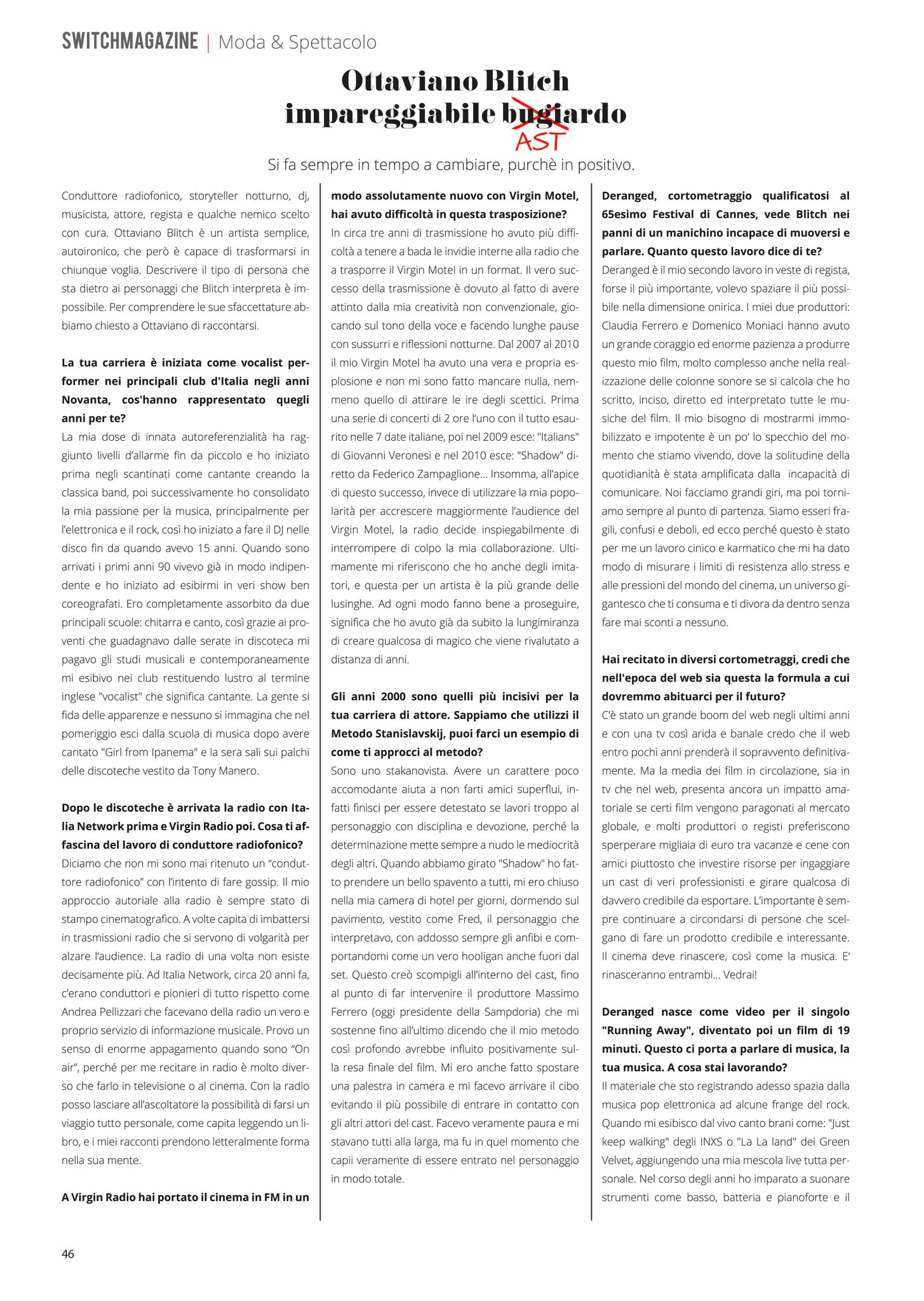 Ottaviano Blitch, Italian actor and performer, magazine interview feature spread, attore performer italiano intervista rivista