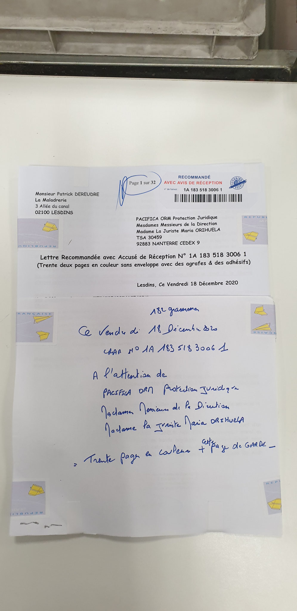 Ma lettre Recommandée du 18 Décembre 2020 de Trente deux pages en couleurs adressée à ma Protection Juridique PACIFICA du Crédit Agricole REFUS DE PRISE EN CHARGE D'un Dossier pour des Violences en Bande Organisée avec Souffrances www.jesuispatrick.fr