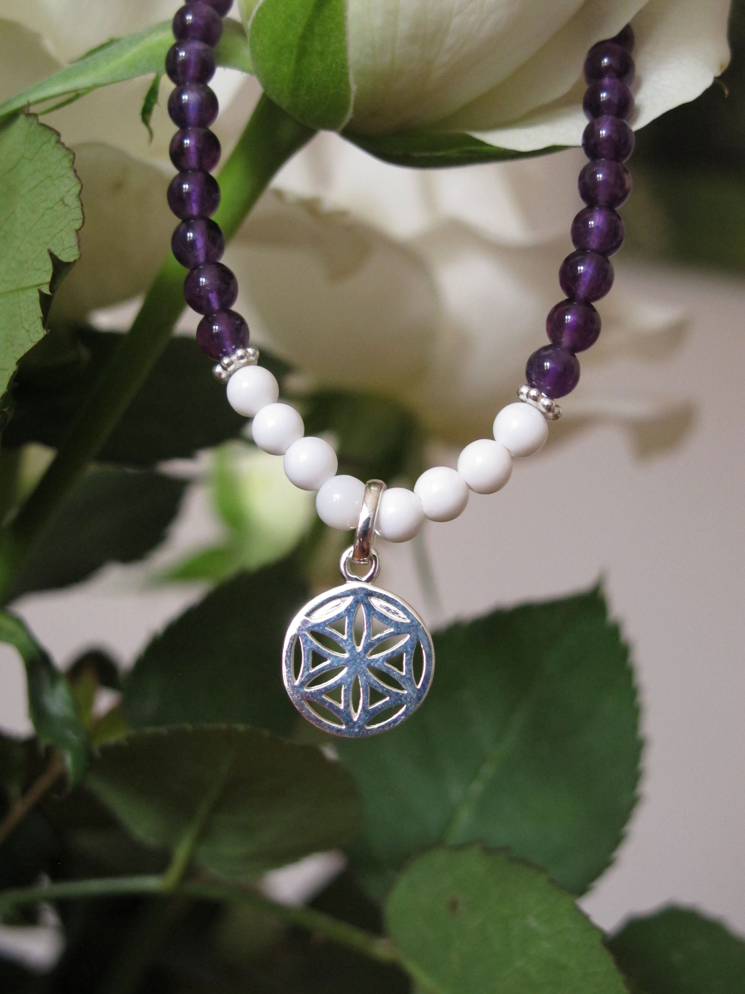 Amethyst meets white jade; 925 Sterling silver "flower of life" charm
