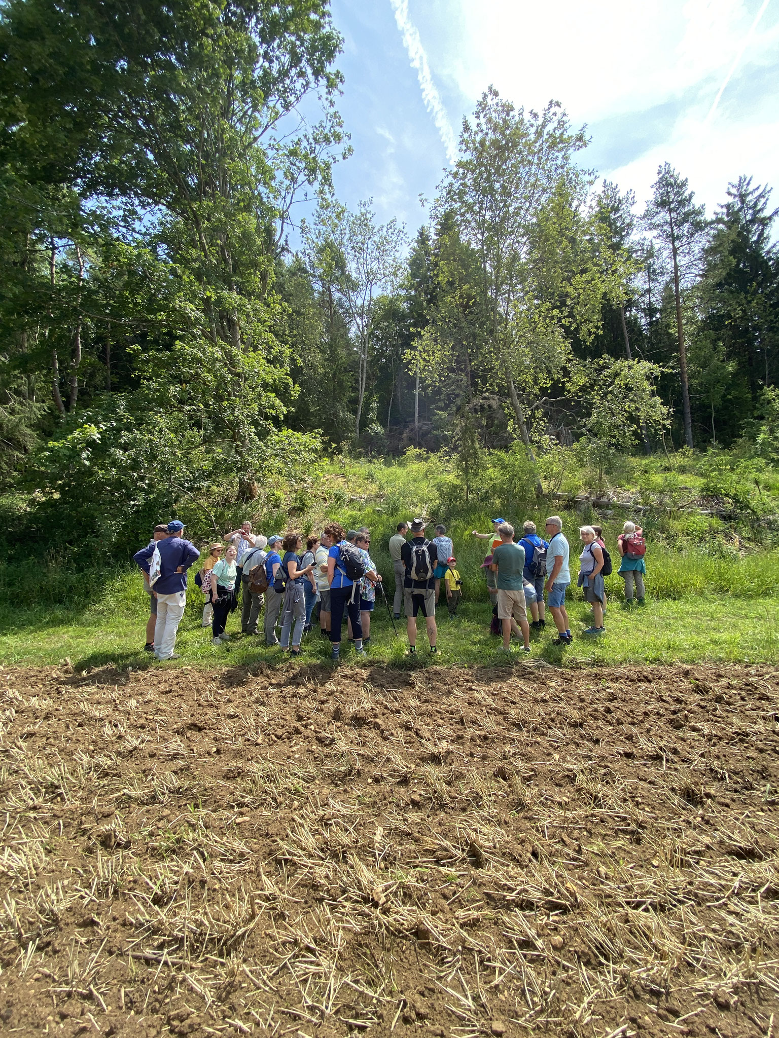 Andrea Klemer vom NABU Münsingen-Mittlere Alb erläutert die Naturschutzmaßnahmen am Waldrand zur Förderung der Insektenvielfalt. Foto: NABU/T. Ayoub