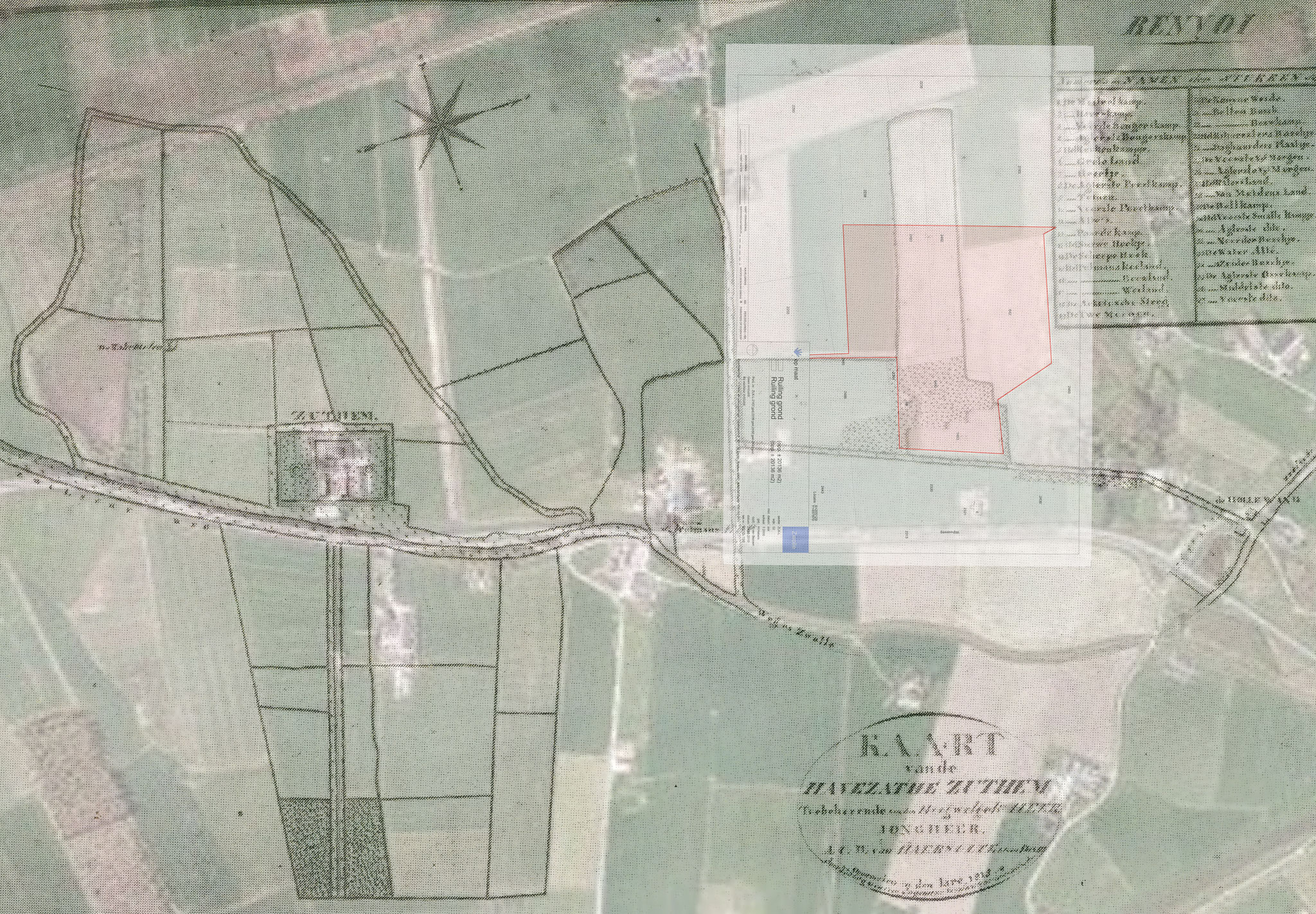 Projectie van het projectgebied Herkulosche Esch op de plattegrond van 1815 en een luchtfoto. 