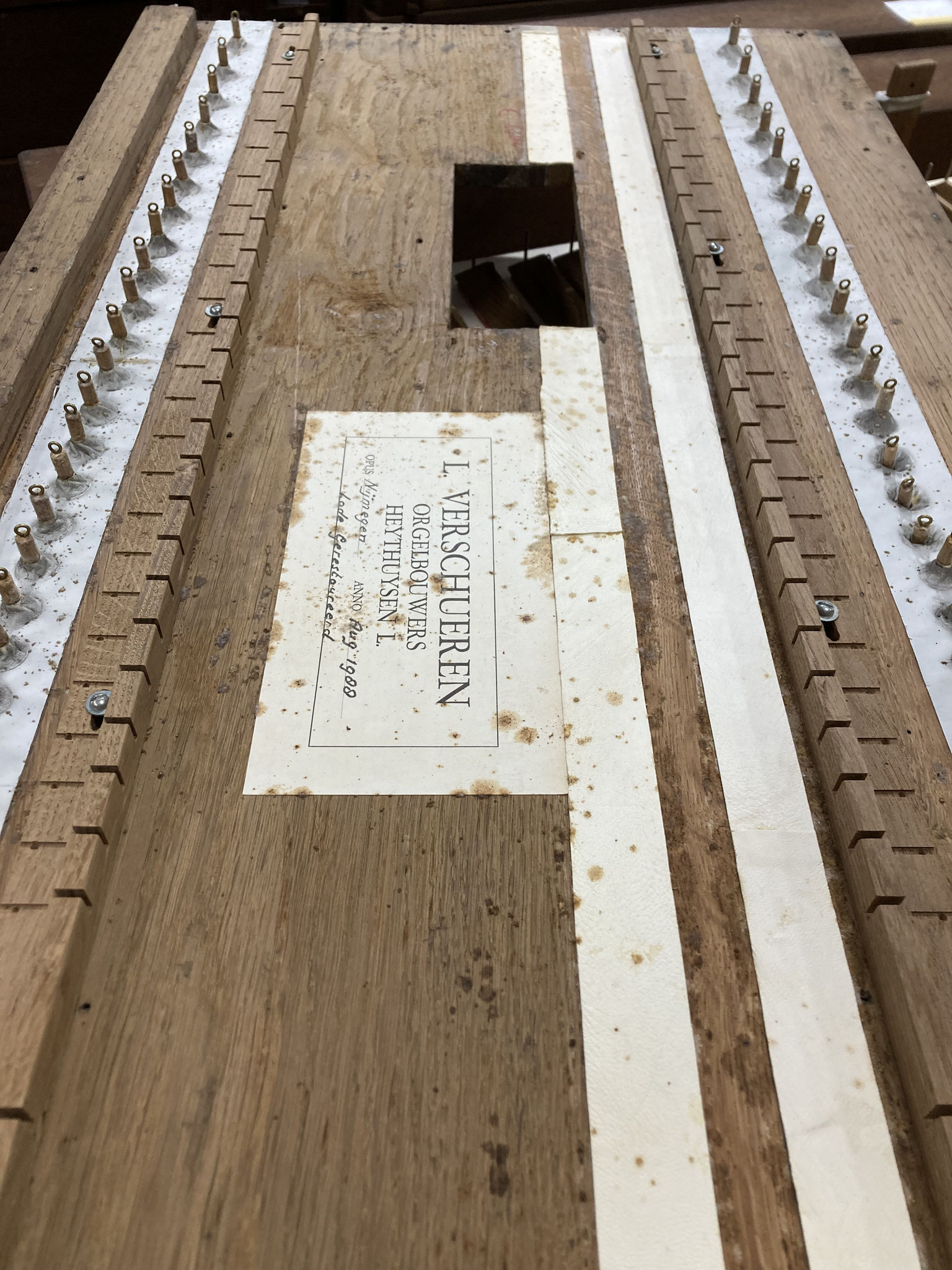 Pulpetenplank met de twee rijen pulpeten. Pulpeten zijn leren afdichtingen die ervoor zorgen dat de lucht niet langs de ventielstangetjes uit de windlade ontsnapt