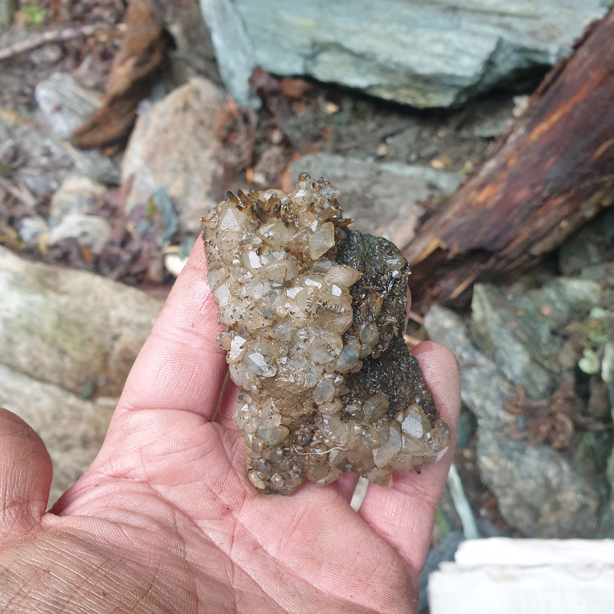 ...Calcite, Needle Quartz and some specimens with Hematite blades...