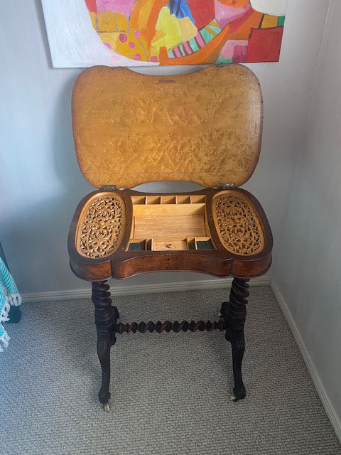 Irish Burr walnut sewing table with interior Circa  1860     $2100.00