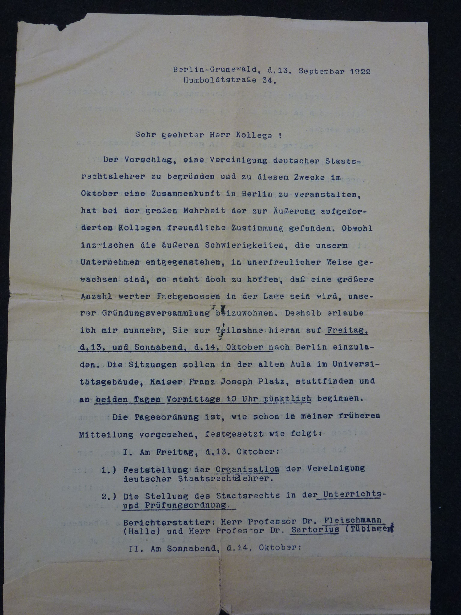 Brief von Triepel zum Vorschlag der Gründung der Vereinigung 1922 / 1