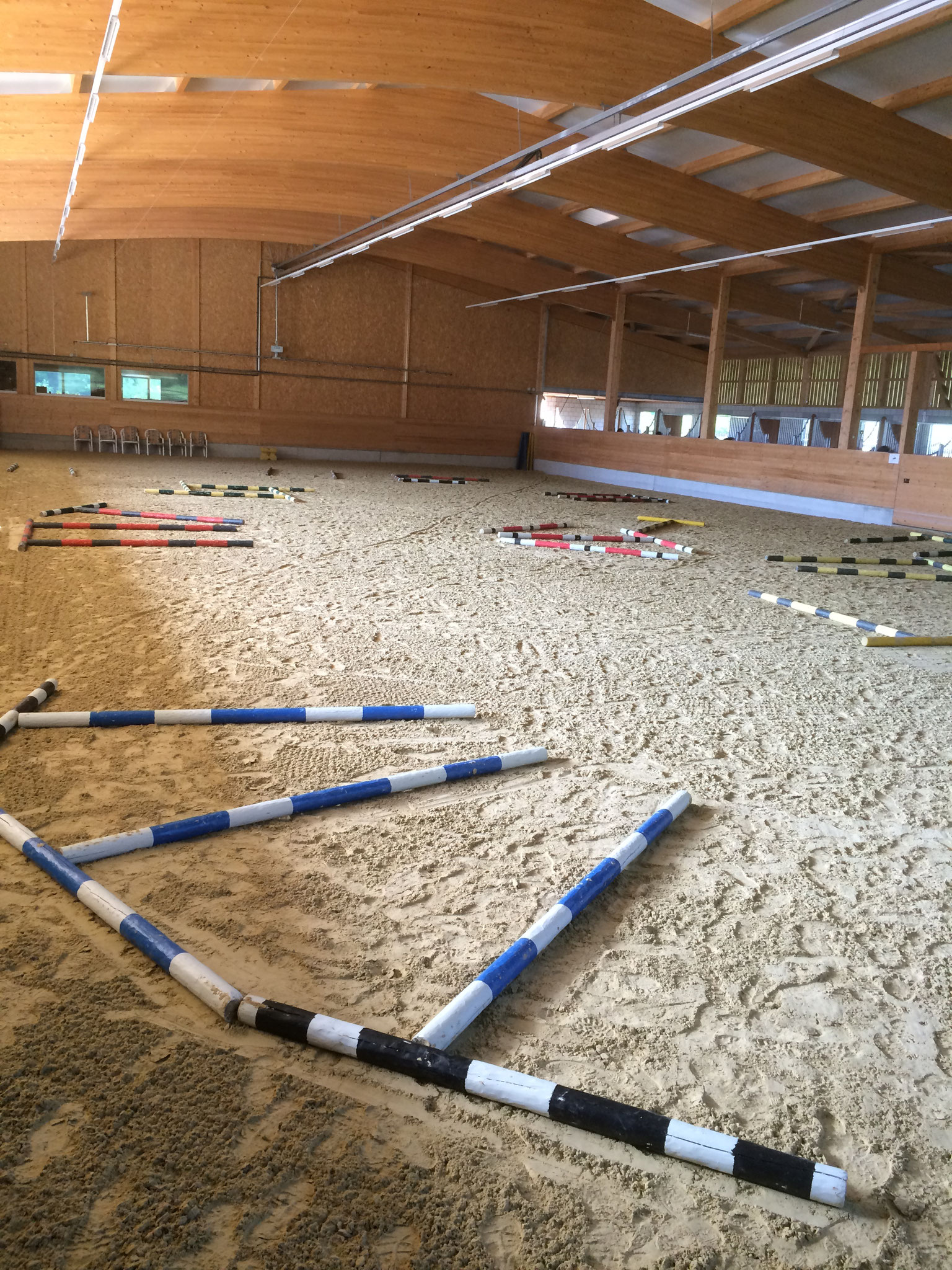 Reithalle 21x41m mit Reiningboden und vielen Stangen für Trail