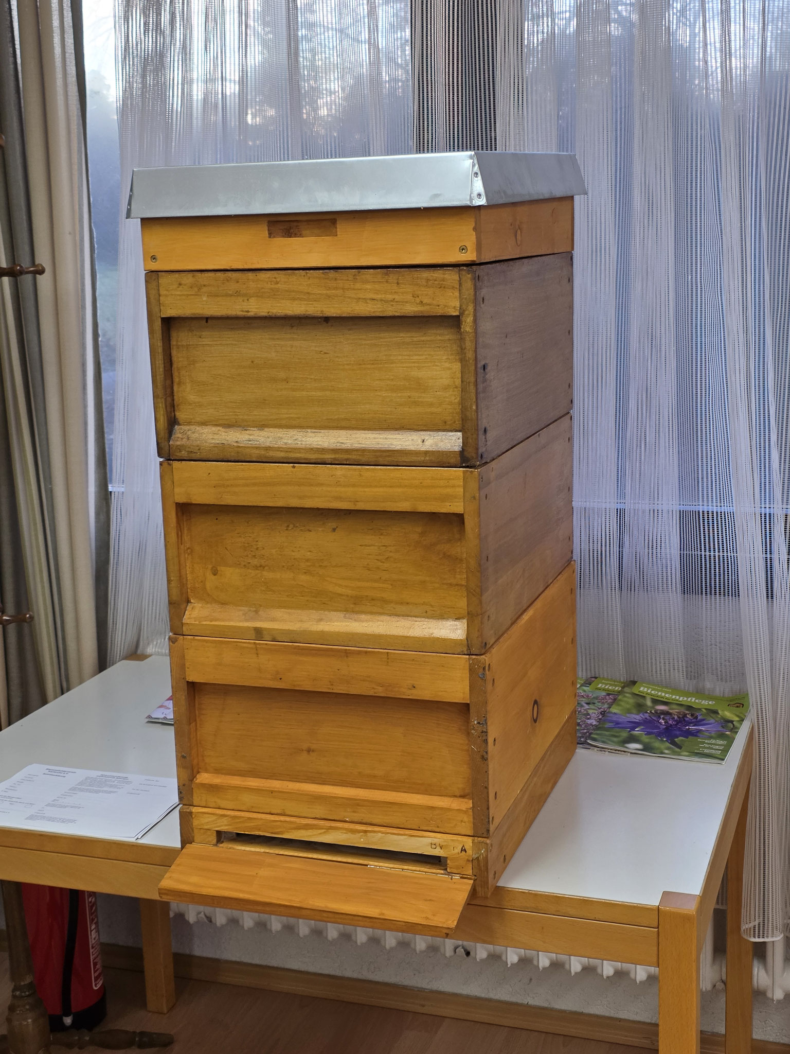 Zanderbeute im Magazin am Bienenstand - klassische Holzbeute mit mehreren Zargen im Imkerkurs für Anfänger