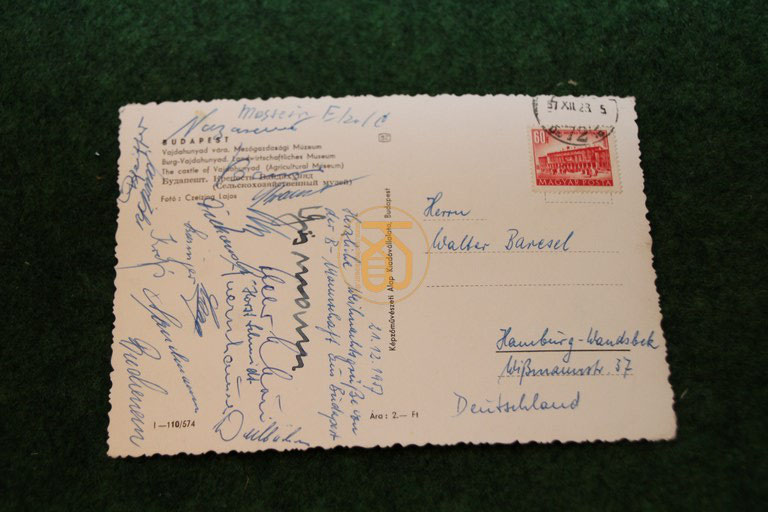 Weihnachtskarte von der B-Nationalmannschaft auf der Reise in Budapest am 21.12.1957.