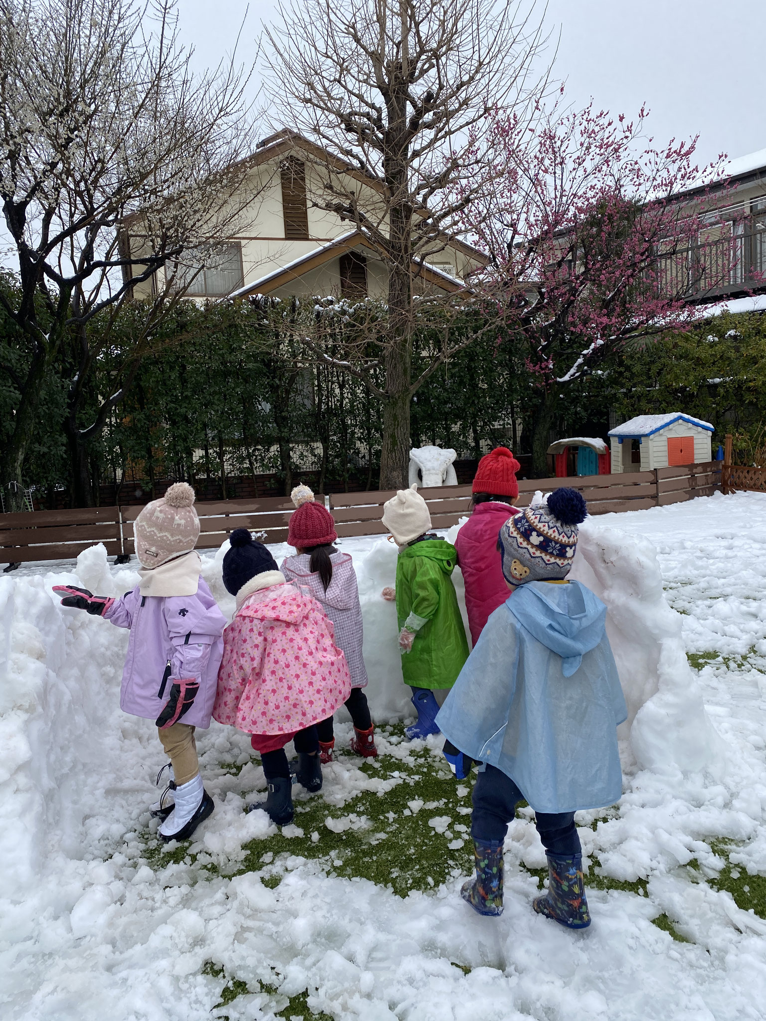 翌日はもちろん雪遊び！　たくさんの雪を運んでみたり、触ってみたり。